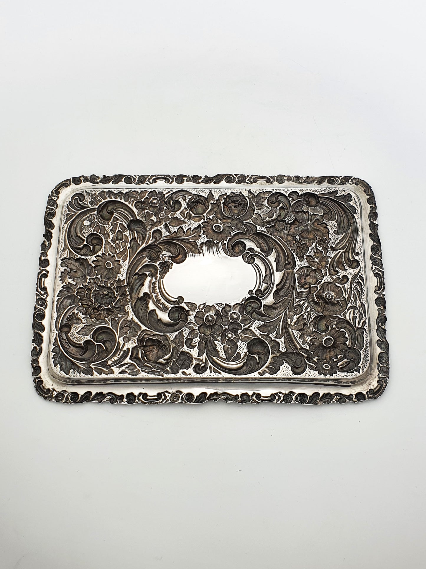 Gorgeous Antique Edwardian Sterling Silver Tray - Rococo Floral Repoussé - 1906