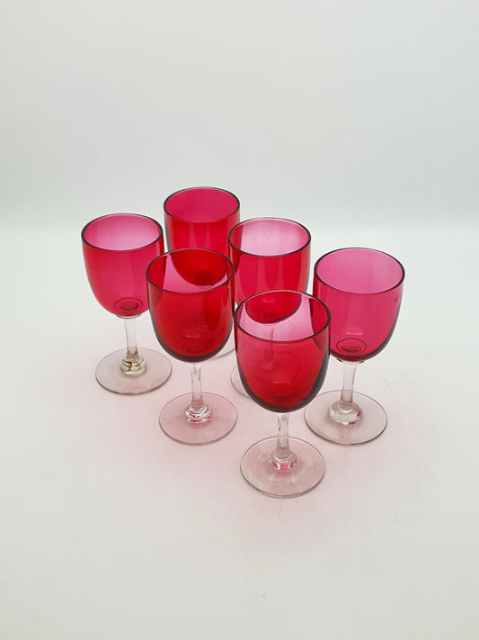 Set of 6 Victorian Cranberry Glass Wine Glasses – Hand-Blown Stemware - circa 1890