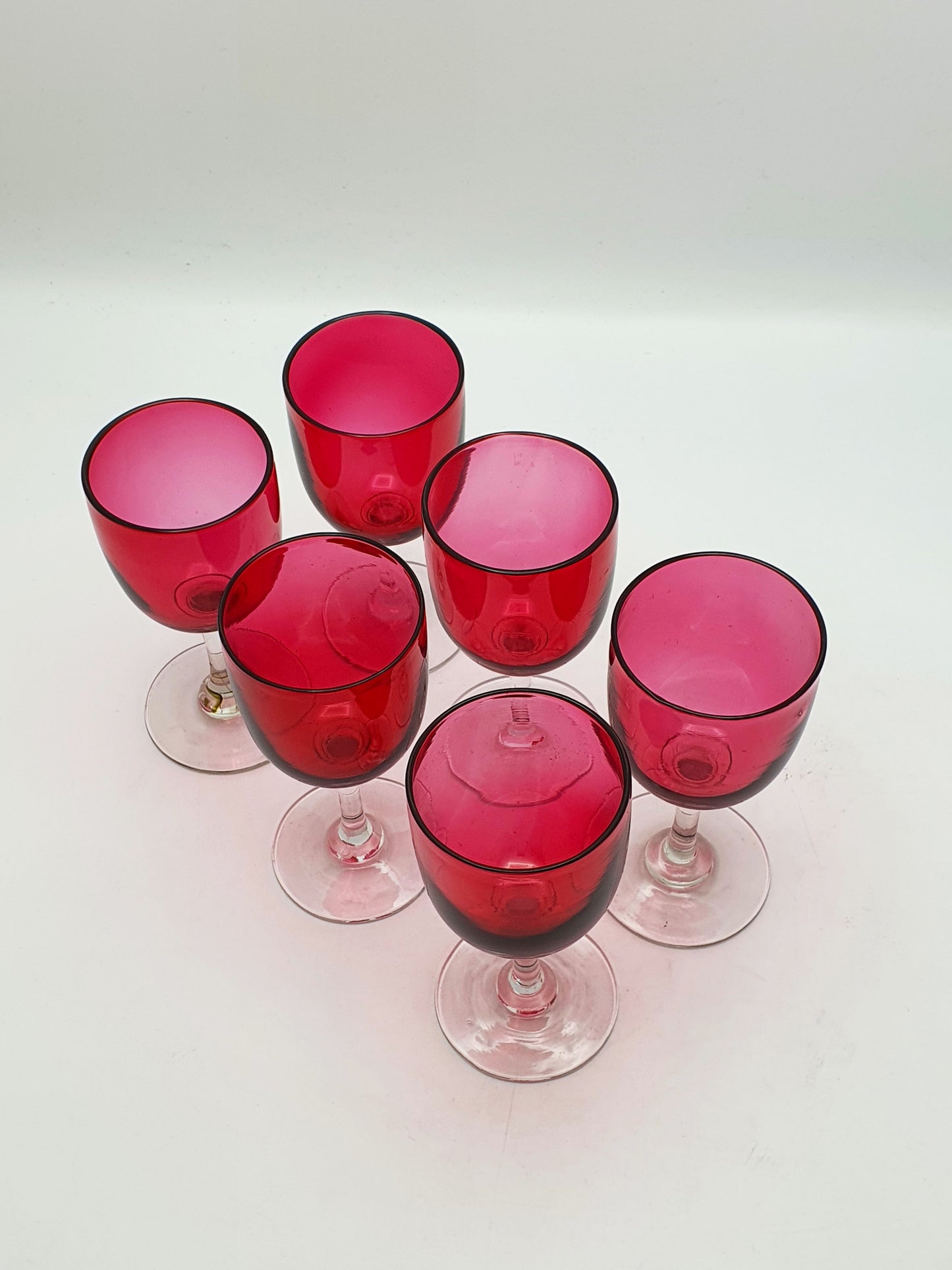 Set of 6 Victorian Cranberry Glass Wine Glasses – Hand-Blown Stemware - circa 1890