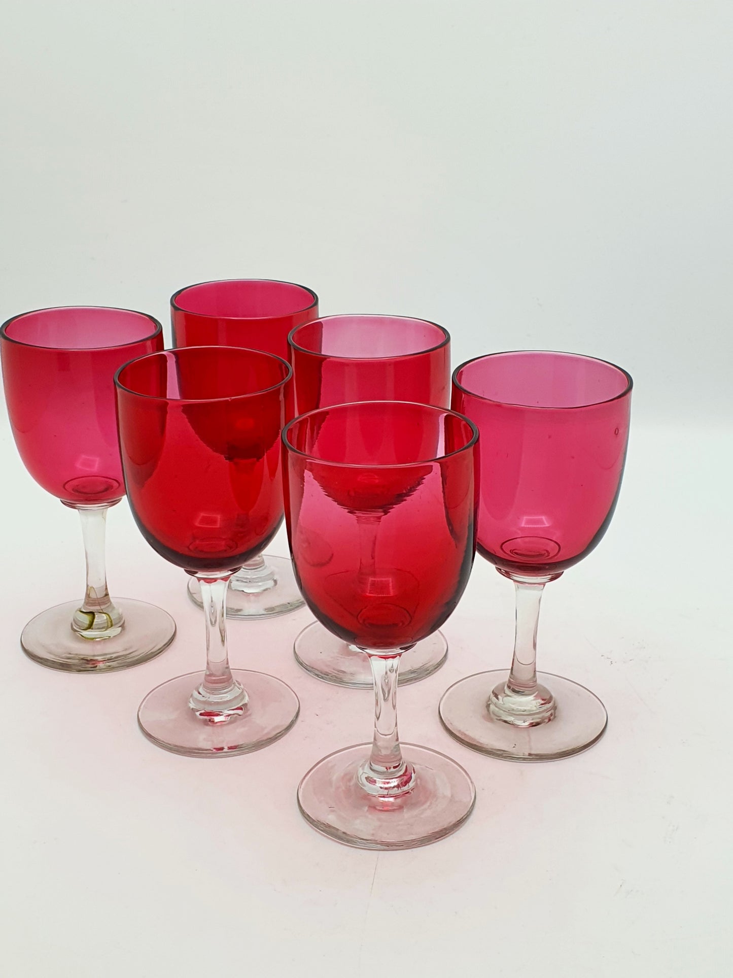 Set of 6 Victorian Cranberry Glass Wine Glasses – Hand-Blown Stemware - circa 1890