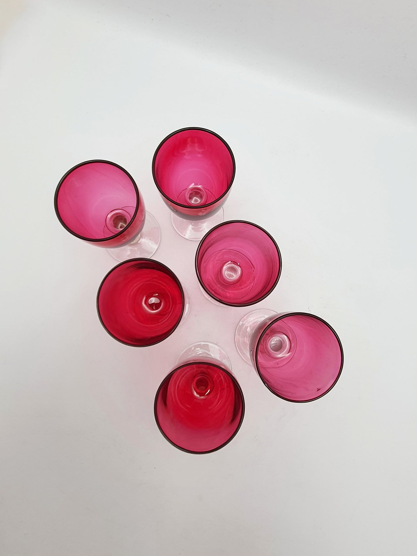 Set of 6 Victorian Cranberry Glass Wine Glasses – Hand-Blown Stemware - circa 1890
