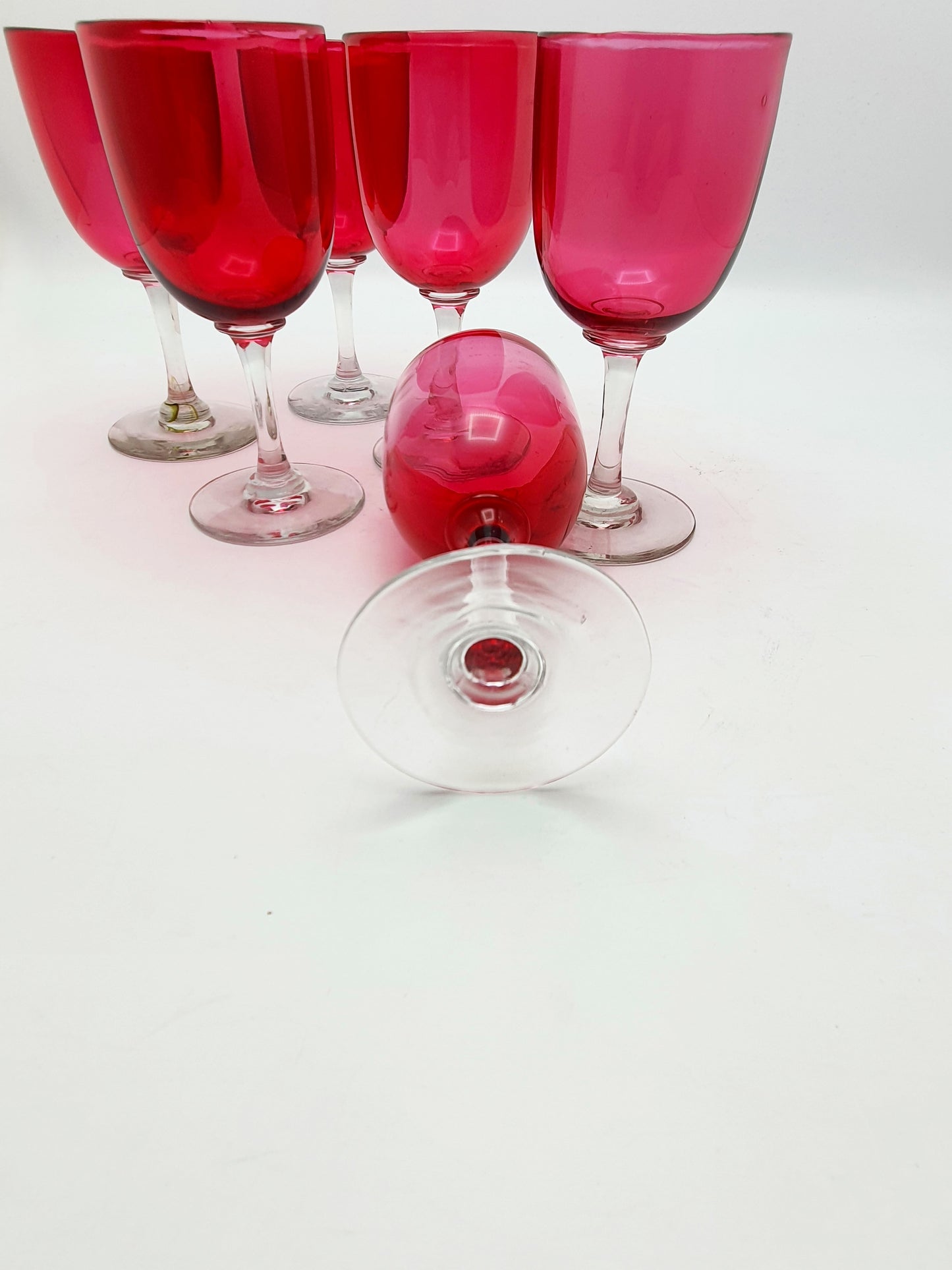 Set of 6 Victorian Cranberry Glass Wine Glasses – Hand-Blown Stemware - circa 1890