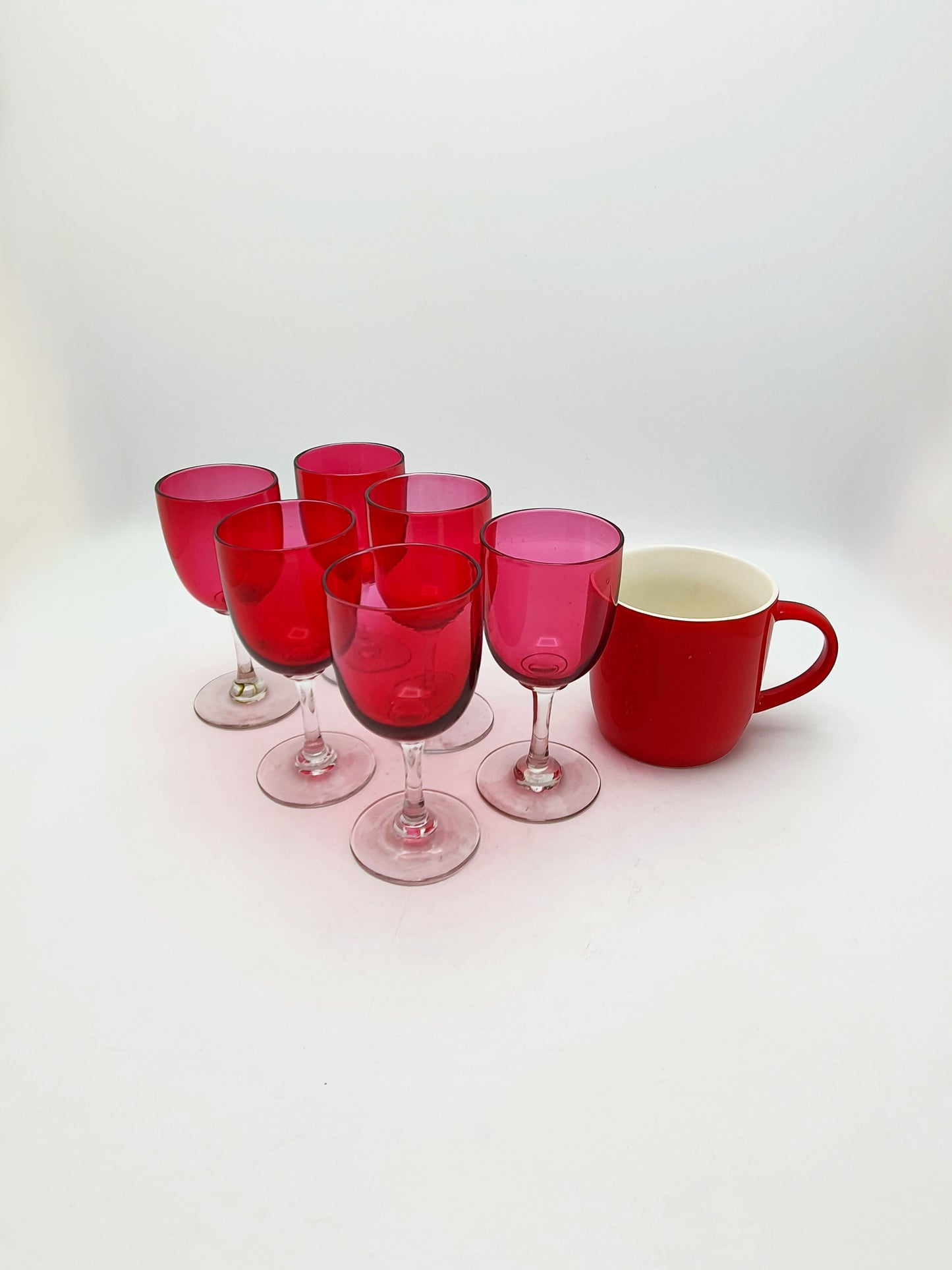 Set of 6 Victorian Cranberry Glass Wine Glasses – Hand-Blown Stemware - circa 1890