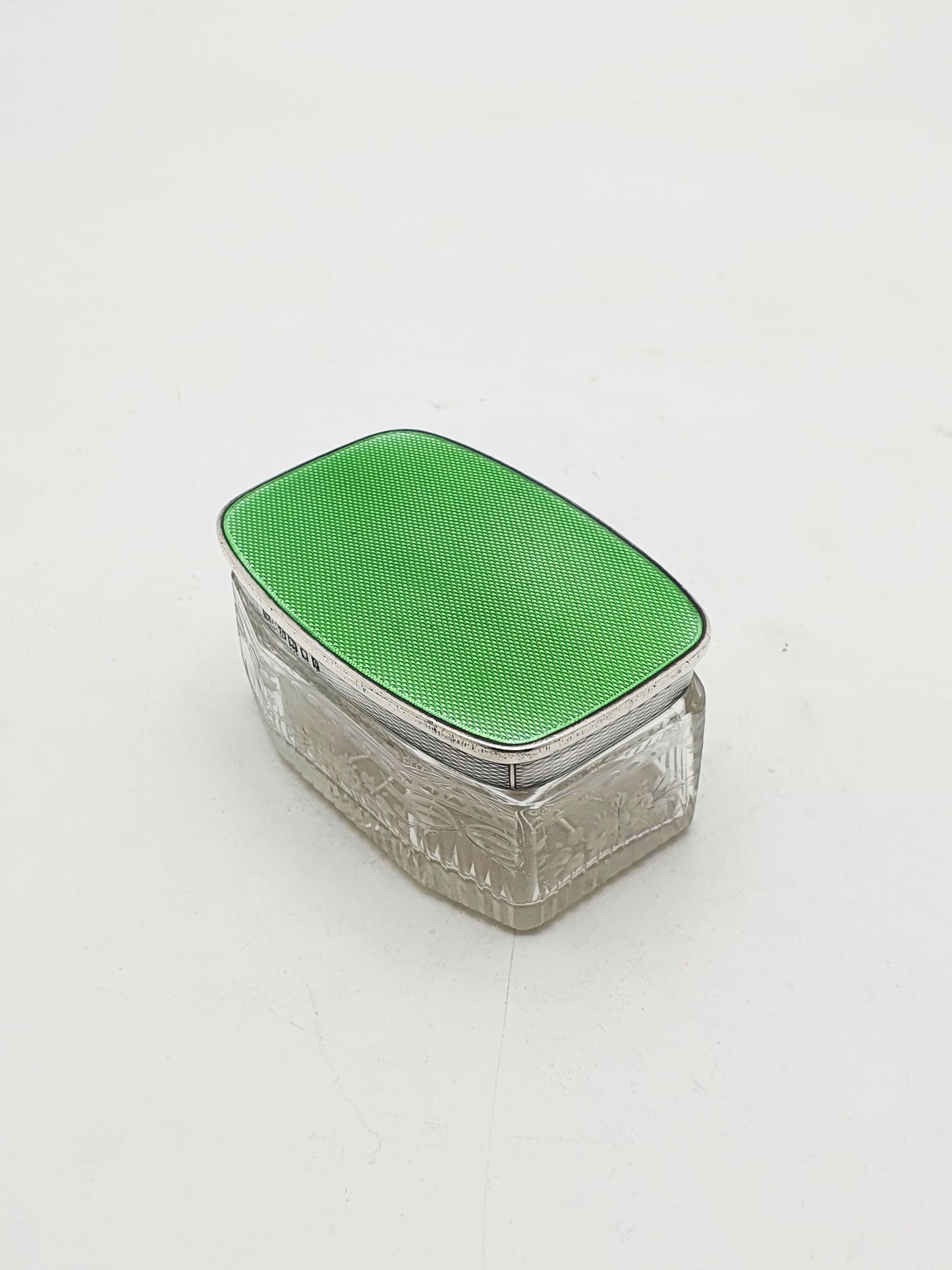 Art Deco Sterling Silver & Guilloché Enamel and Etched Glass Jar – London, 1929