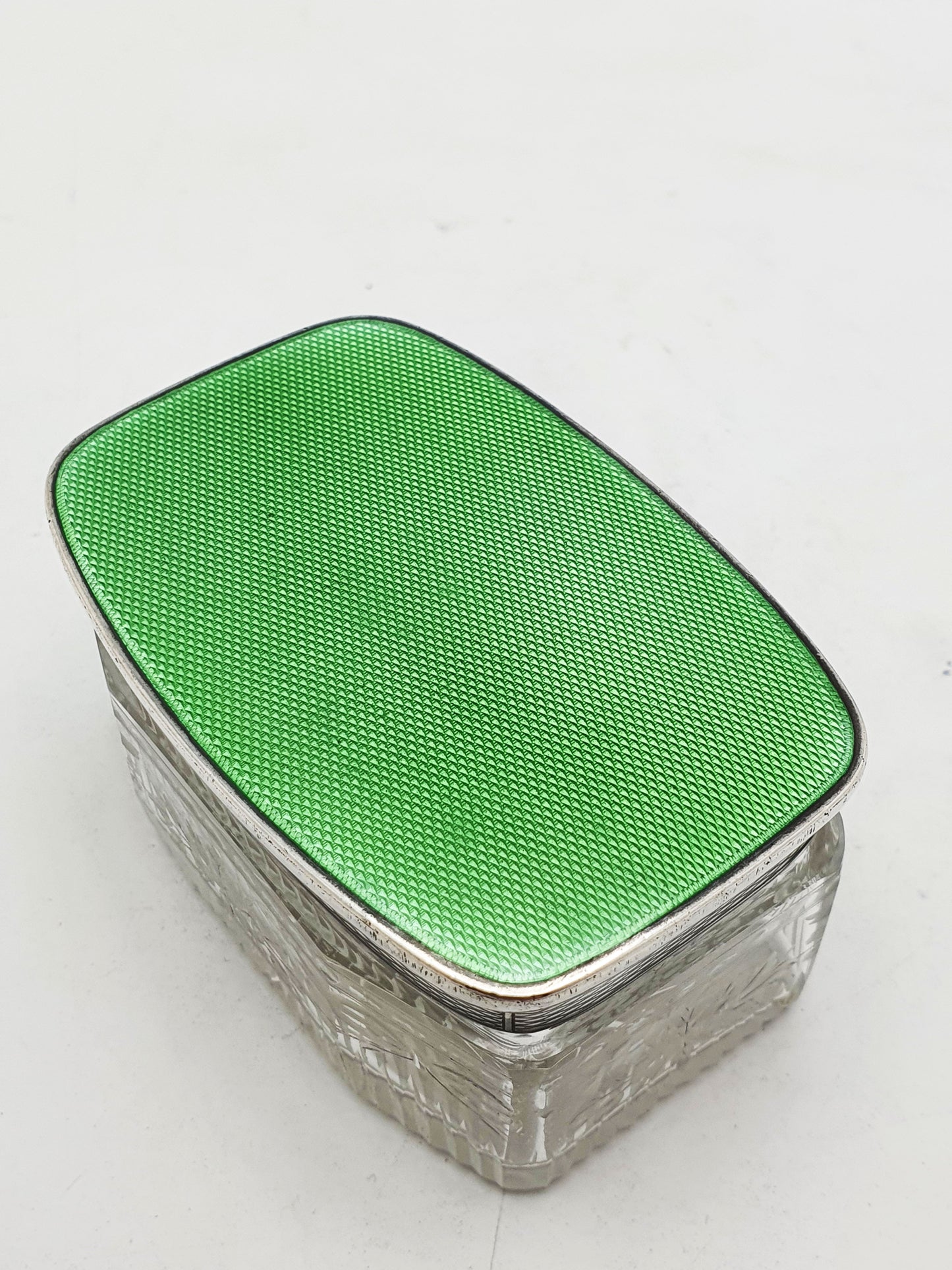 Art Deco Sterling Silver & Guilloché Enamel and Etched Glass Jar – London, 1929