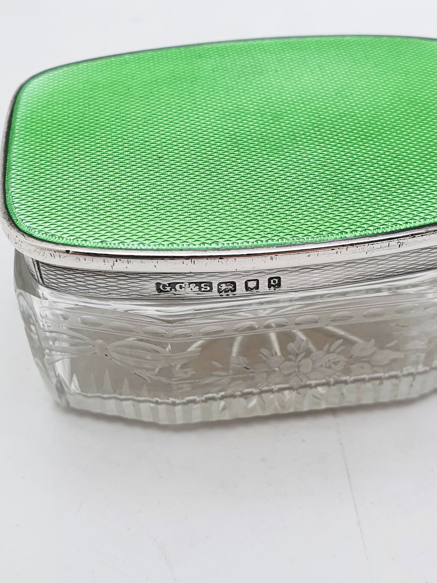 Art Deco Sterling Silver & Guilloché Enamel and Etched Glass Jar – London, 1929