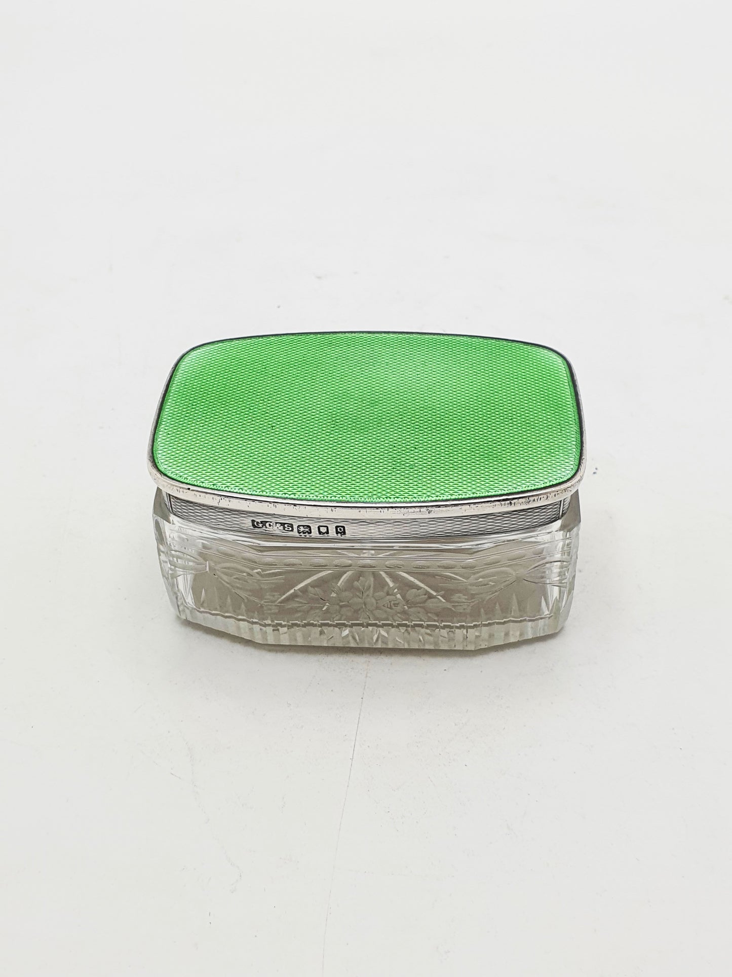 Art Deco Sterling Silver & Guilloché Enamel and Etched Glass Jar – London, 1929