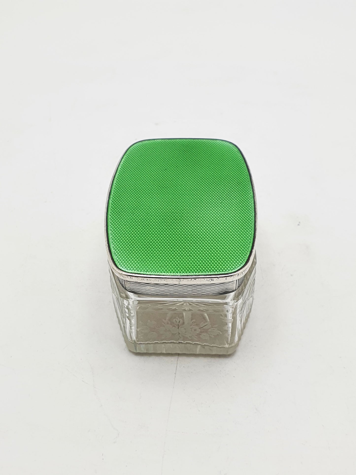 Art Deco Sterling Silver & Guilloché Enamel and Etched Glass Jar – London, 1929