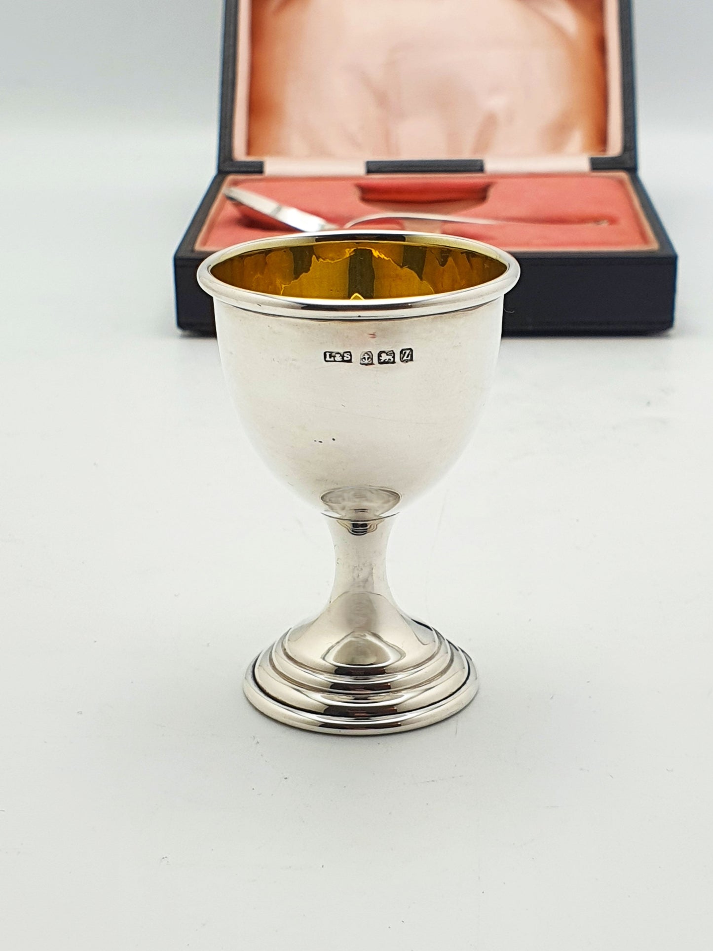 Lovely Cased Vintage Sterling Silver Egg Cup & Spoon Set - 1949