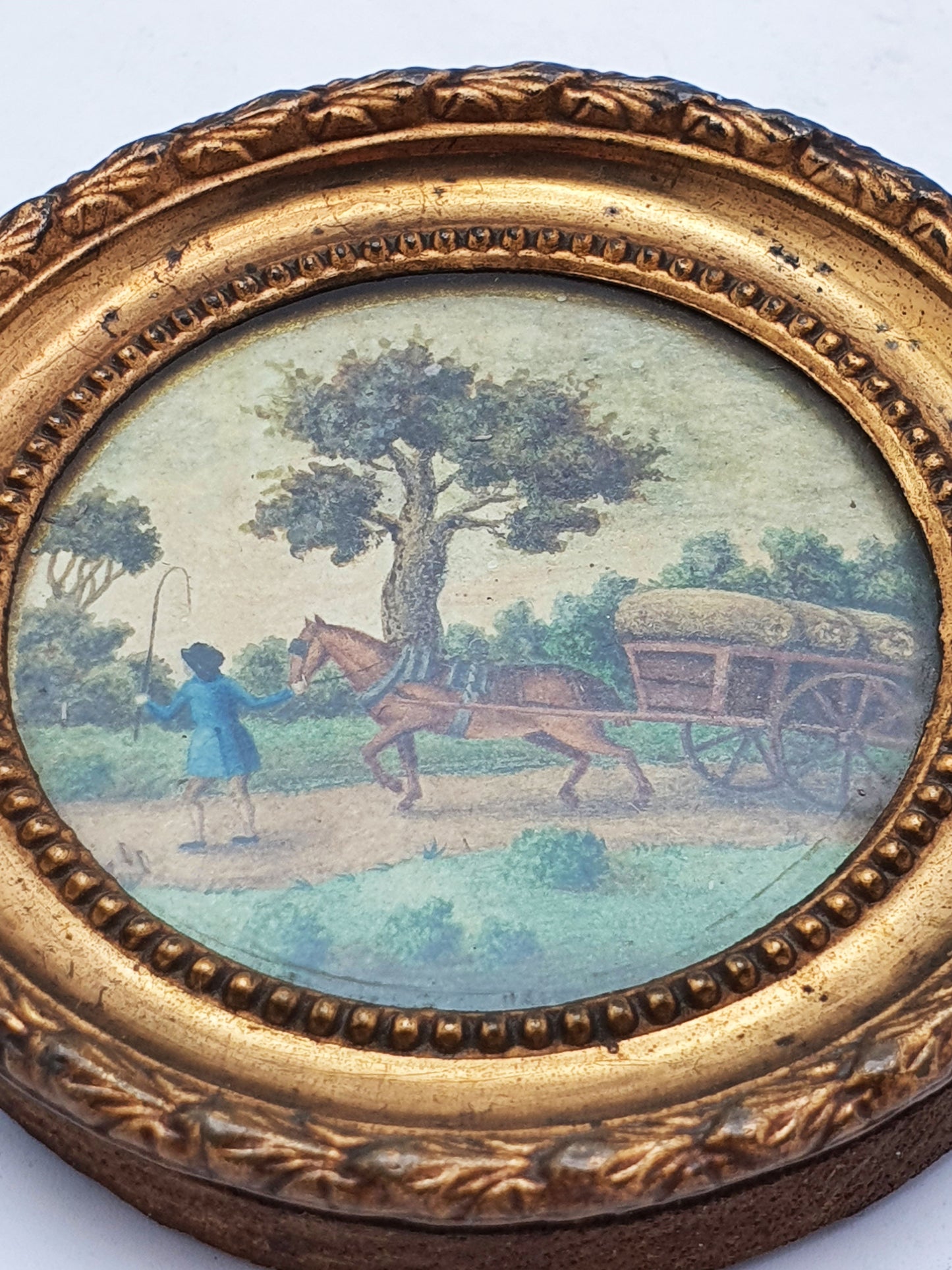 Miniature Hand-Painted Victorian Pastoral Scene in Gilt Gesso Frame – circa 1850