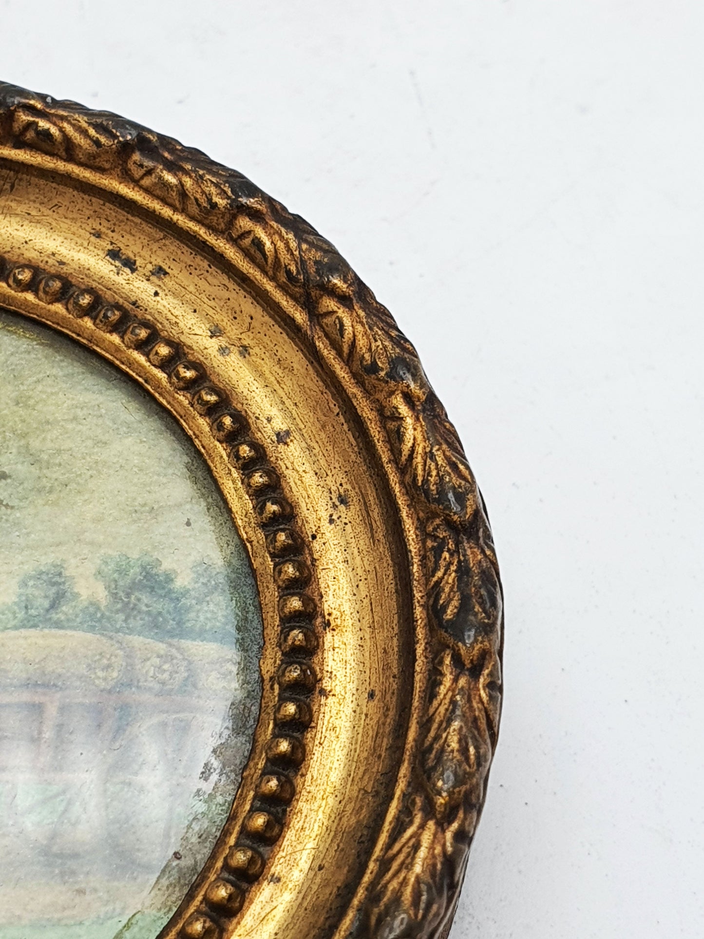 Miniature Hand-Painted Victorian Pastoral Scene in Gilt Gesso Frame – circa 1850