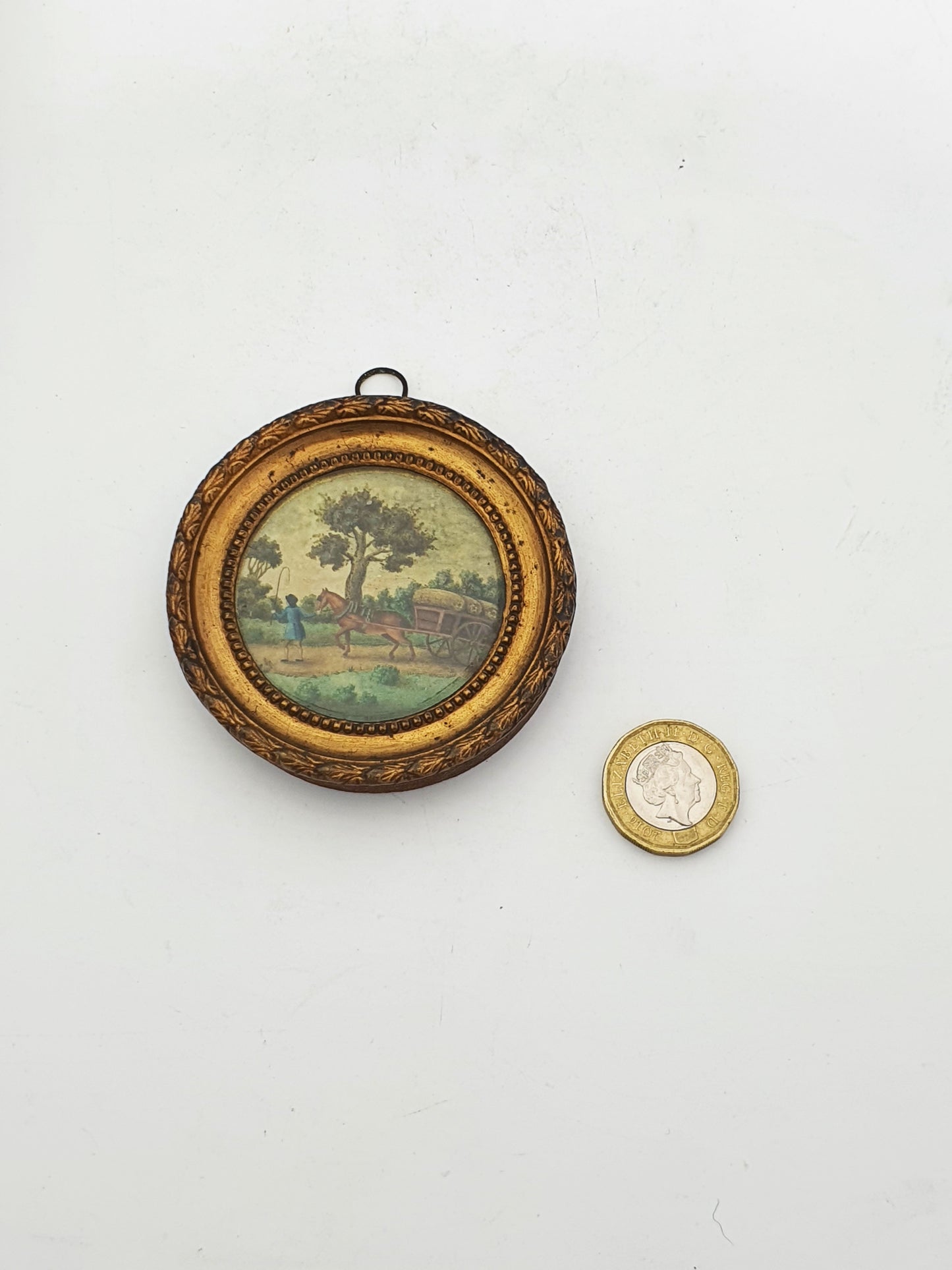 Miniature Hand-Painted Victorian Pastoral Scene in Gilt Gesso Frame – circa 1850