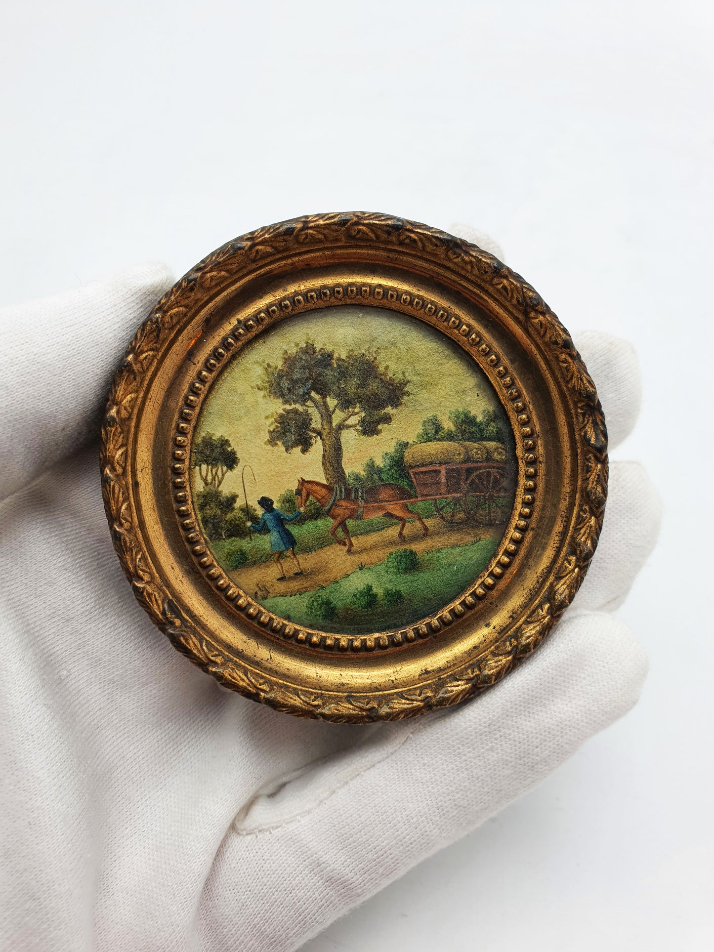 Miniature Hand-Painted Victorian Pastoral Scene in Gilt Gesso Frame – circa 1850