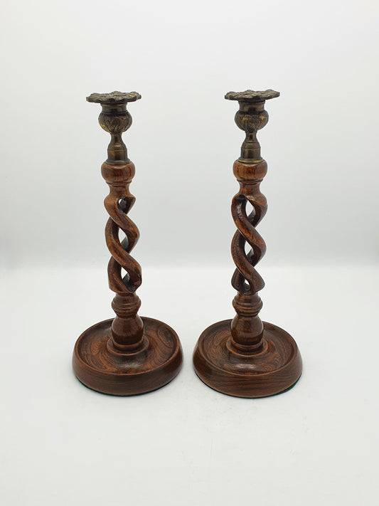 Pair of Antique Barley Twist Oak and Brass Candlesticks – circa 1920