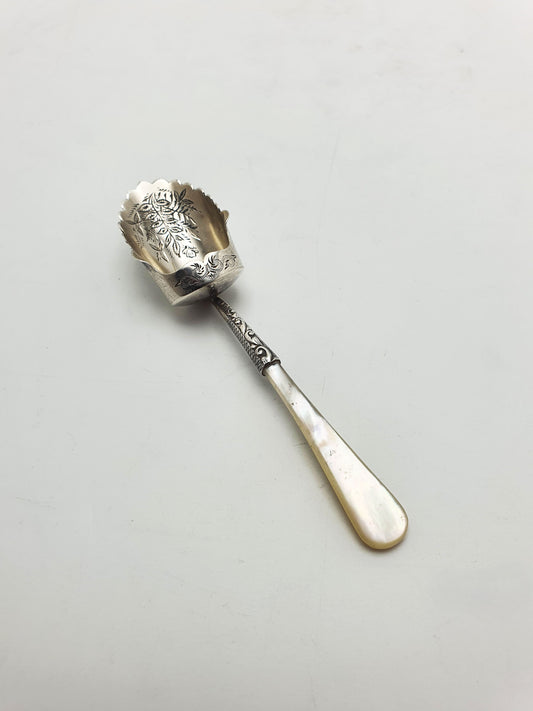 Pretty Antique Victorian Sterling Silver & Mother-of-Pearl Caddy Spoon - 1895