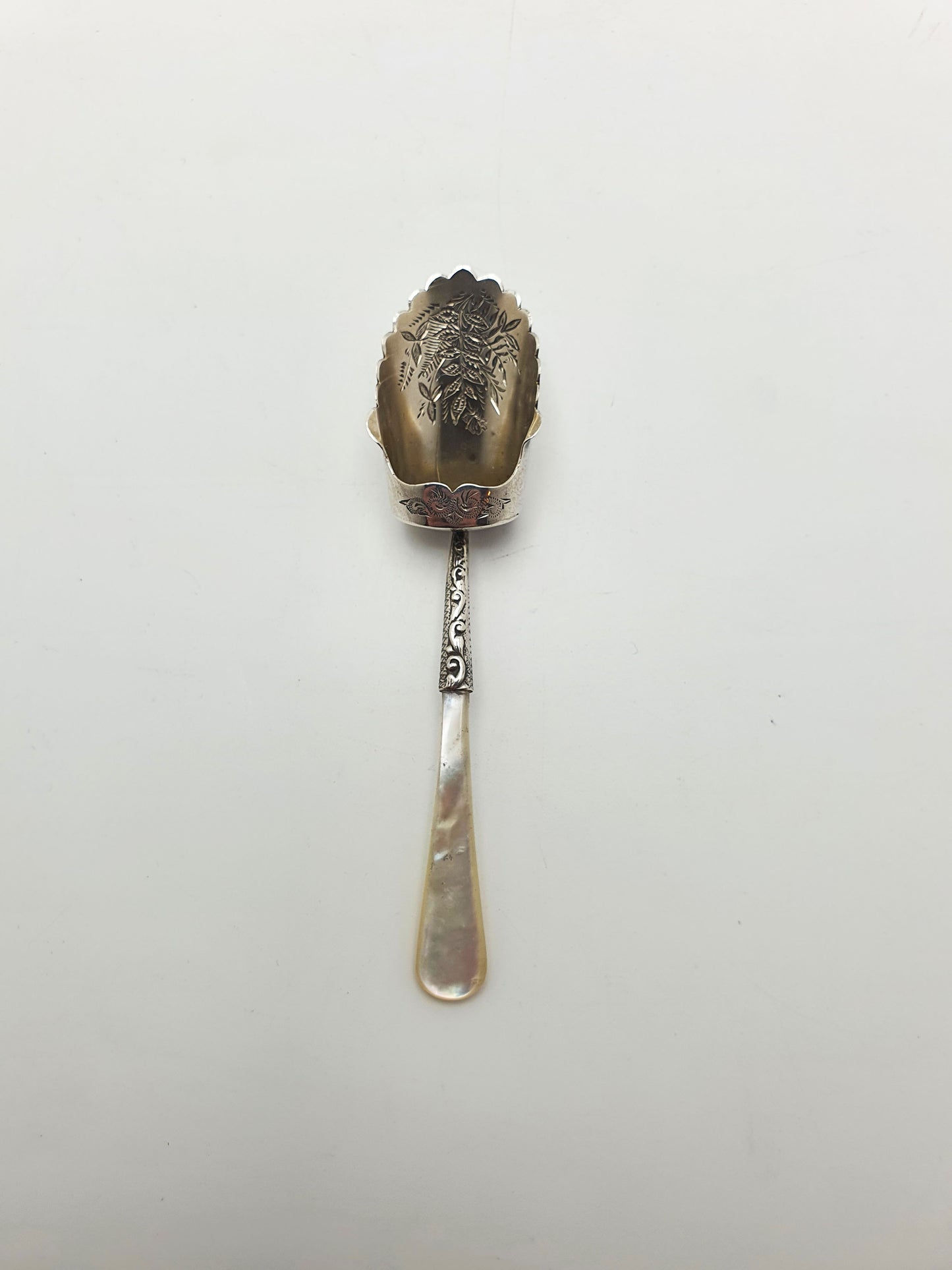 Pretty Antique Victorian Sterling Silver & Mother-of-Pearl Caddy Spoon - 1895