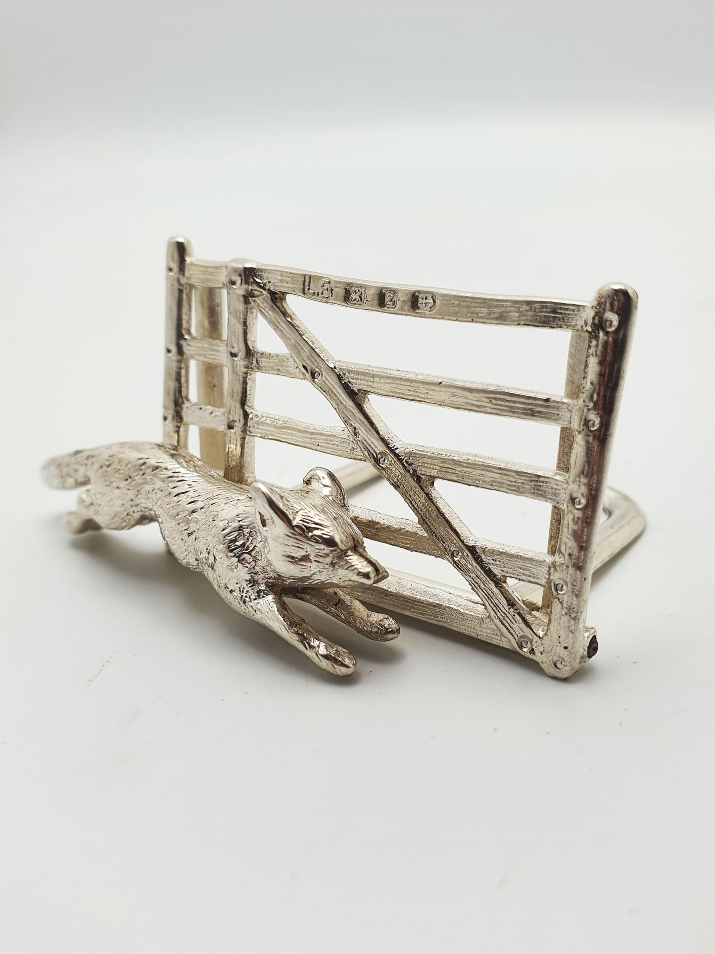 Pair of Antique Victorian Sterling Silver Fox & Gate Menu Holders - 1899