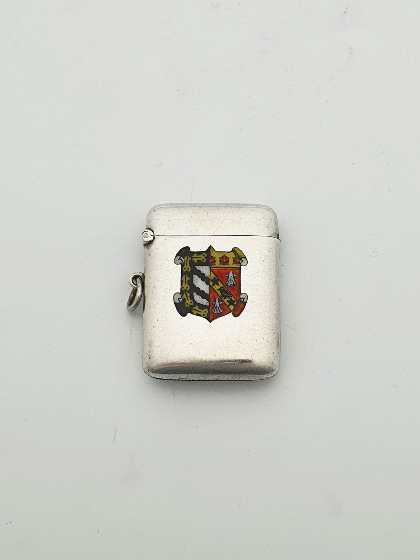 Antique Edwardian Sterling Silver Vesta Case with Enamel Crest - 1905