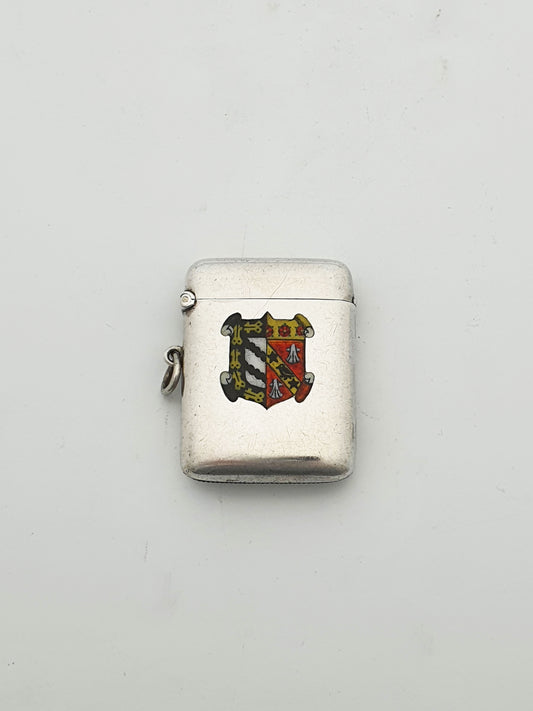 Antique Edwardian Sterling Silver Vesta Case with Enamel Crest - 1905
