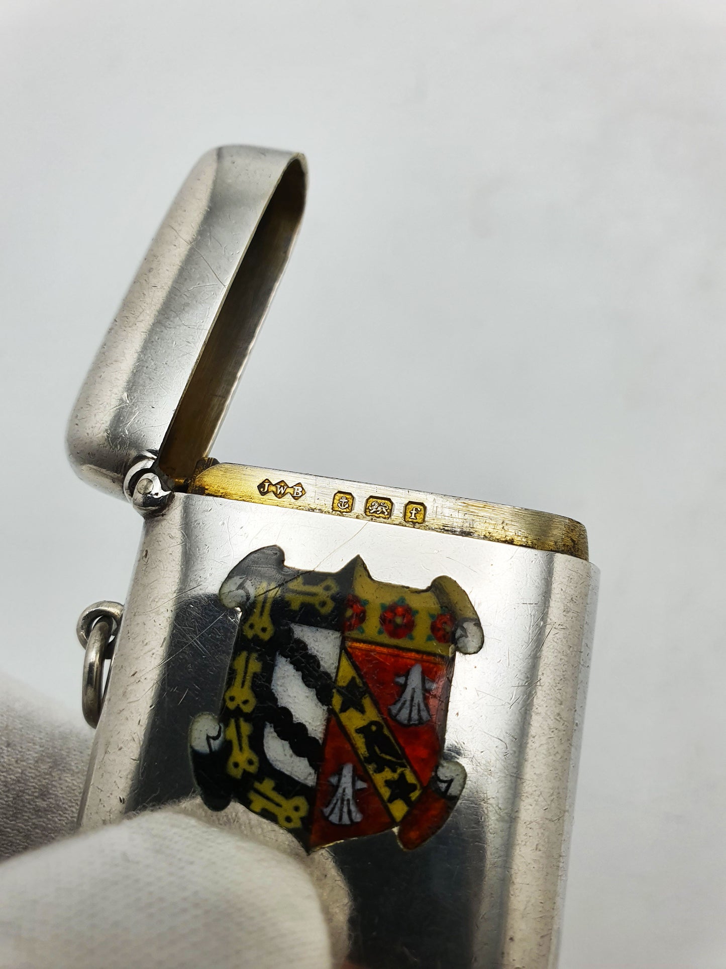 Antique Edwardian Sterling Silver Vesta Case with Enamel Crest - 1905