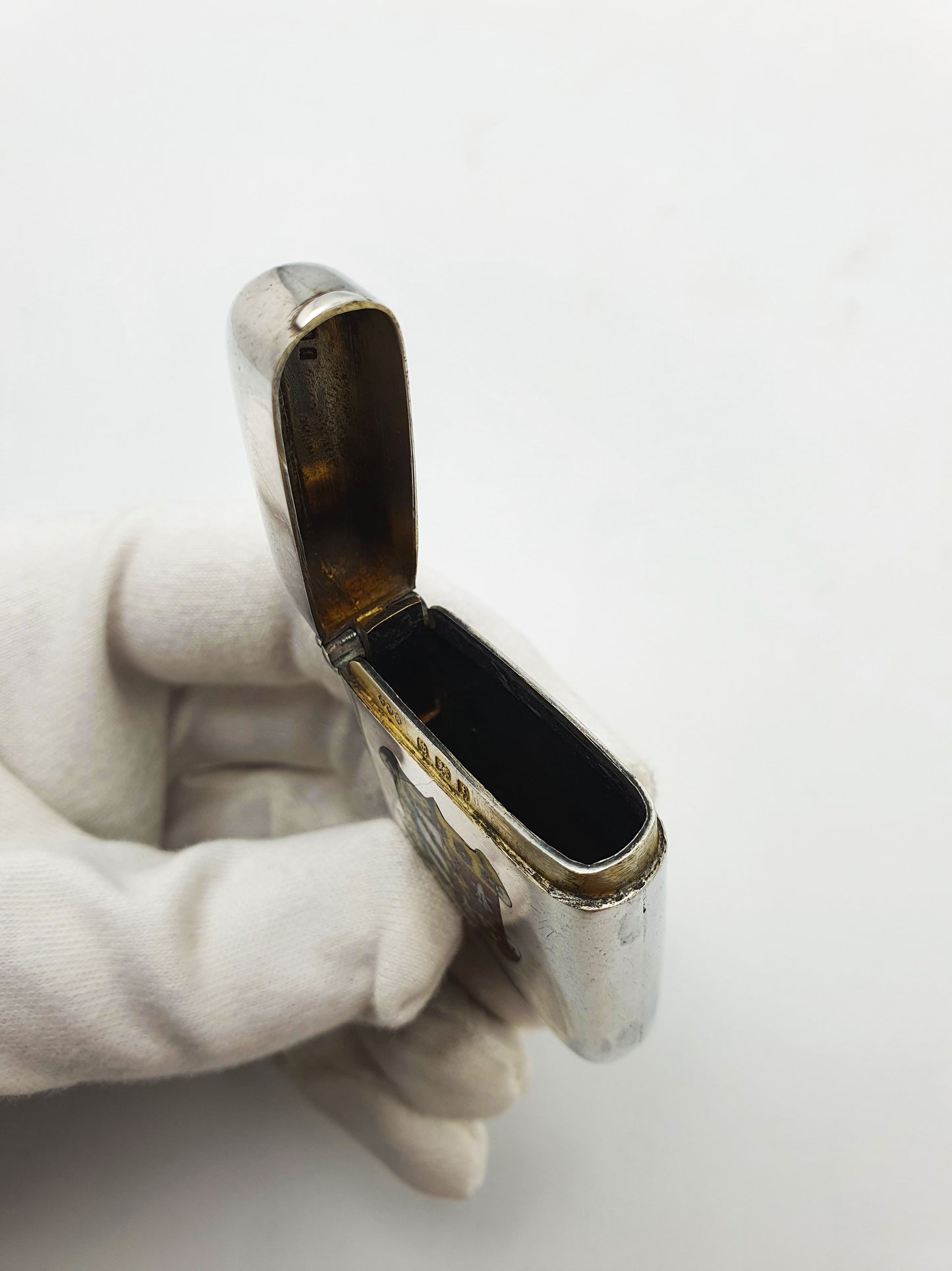 Antique Edwardian Sterling Silver Vesta Case with Enamel Crest - 1905