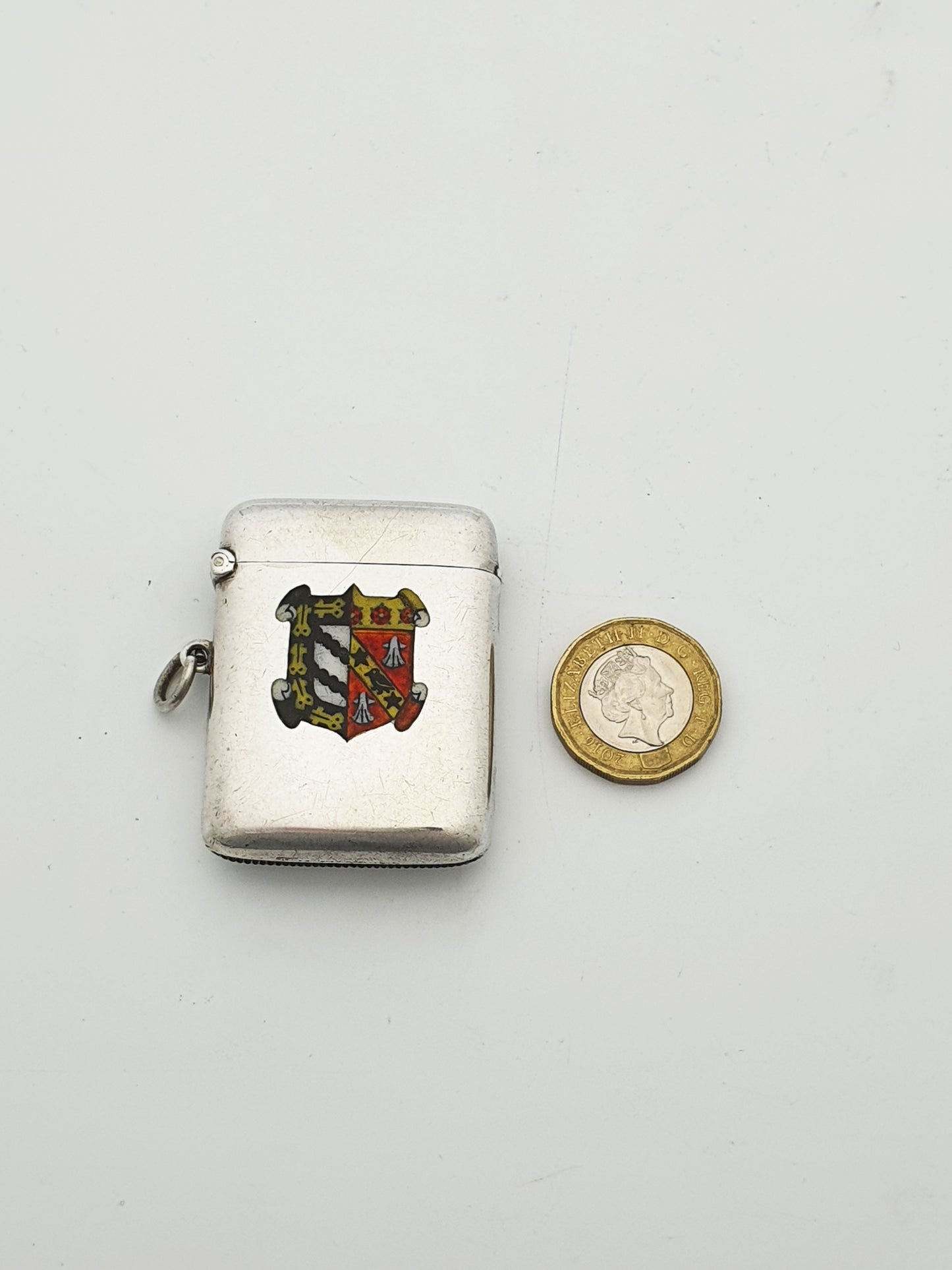 Antique Edwardian Sterling Silver Vesta Case with Enamel Crest - 1905