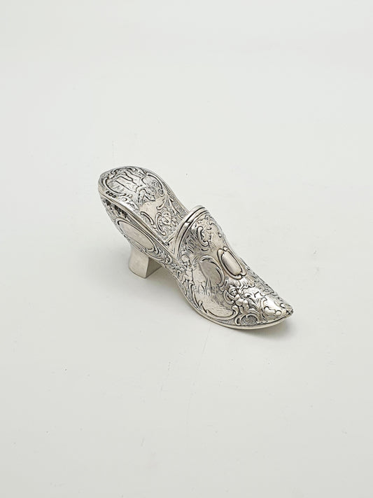 Unusual Antique Victorian Sterling Silver Shoe Shaped Box - 1900
