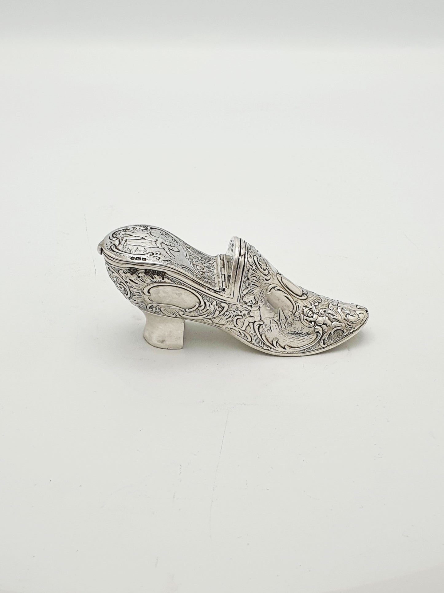 Unusual Antique Victorian Sterling Silver Shoe Shaped Box - 1900