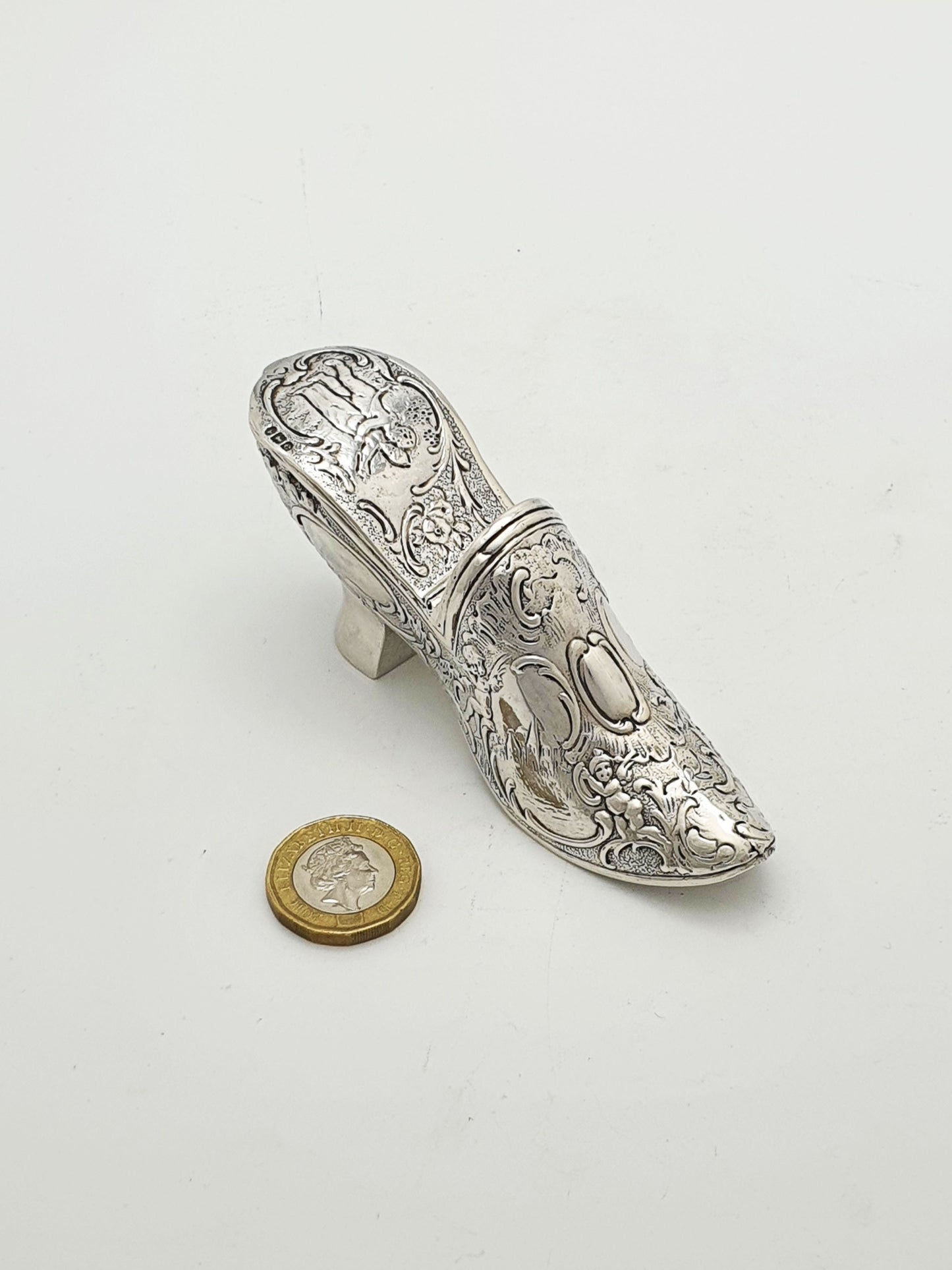 Unusual Antique Victorian Sterling Silver Shoe Shaped Box - 1900