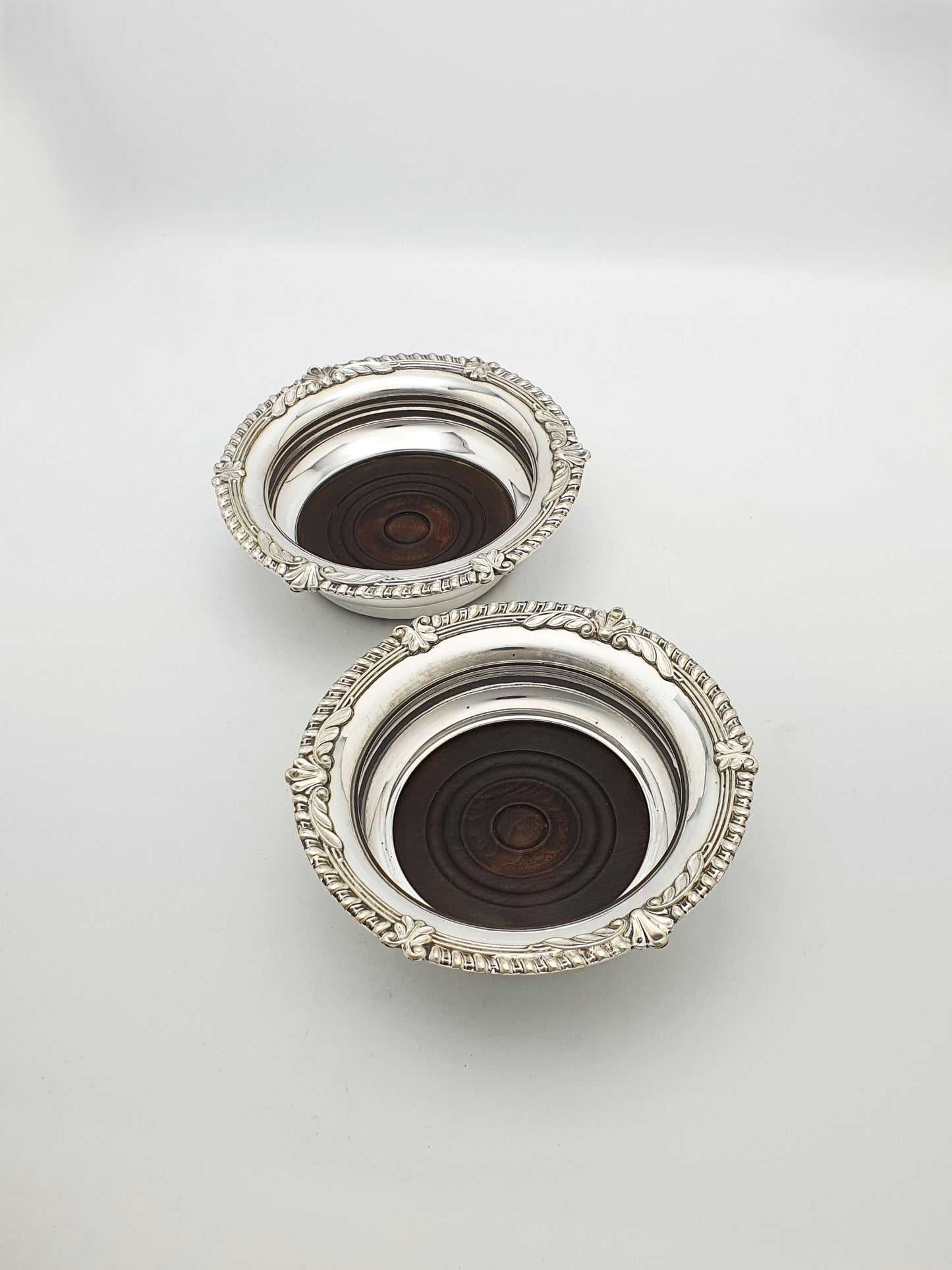 Pair of Antique Silver Plate & Mahogany Wine Bottle Coasters – circa 1920