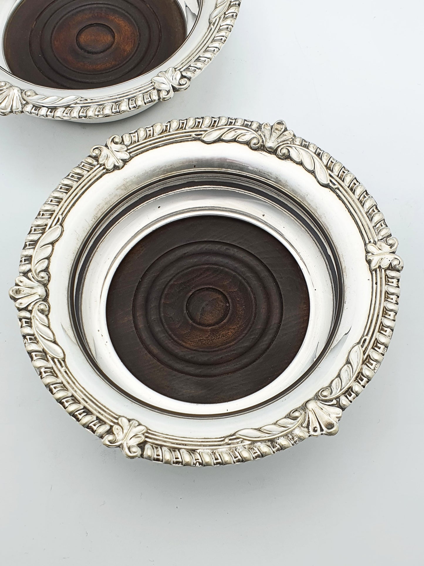 Pair of Antique Silver Plate & Mahogany Wine Bottle Coasters – circa 1920