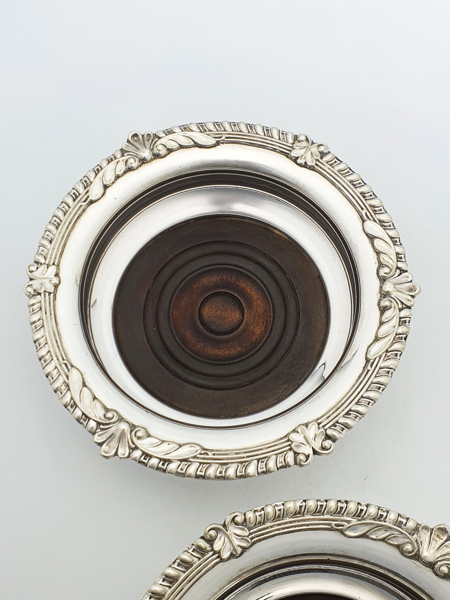 Pair of Antique Silver Plate & Mahogany Wine Bottle Coasters – circa 1920