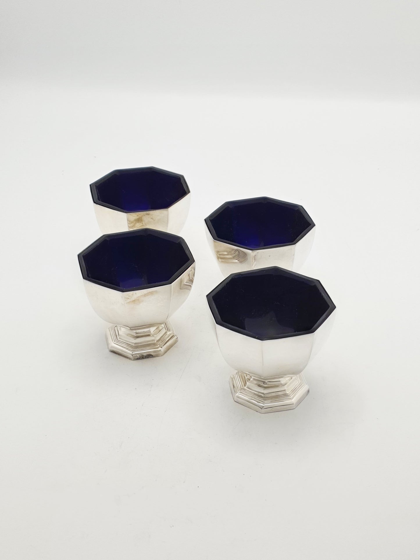 Set of 4 Art Deco Silver Plated Salt Cellars with Cobalt Glass Liners – circa 1930