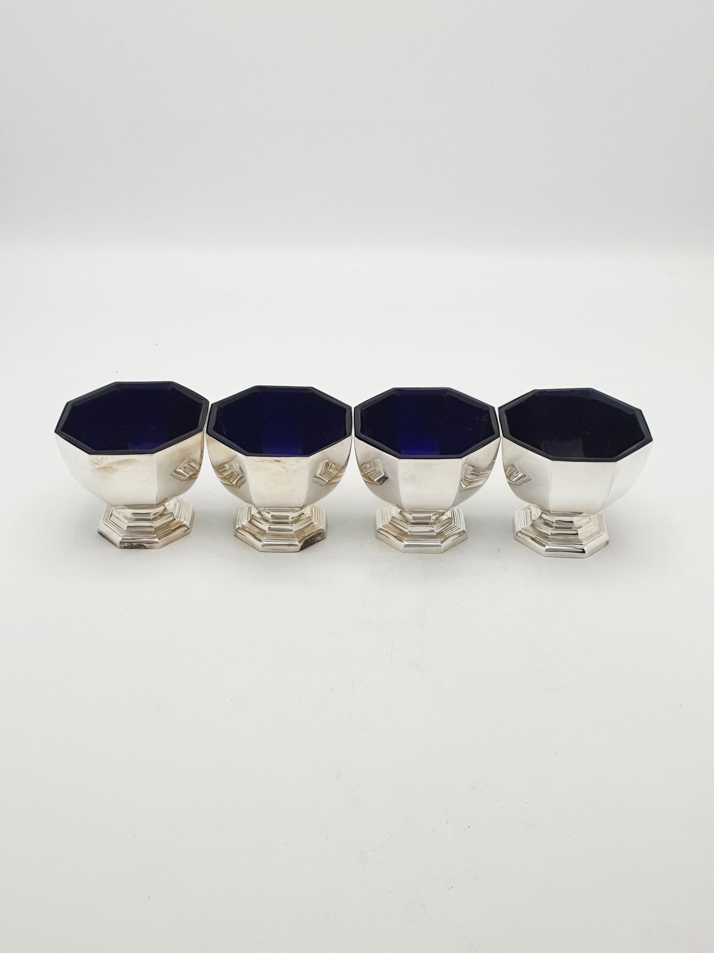 Set of 4 Art Deco Silver Plated Salt Cellars with Cobalt Glass Liners – circa 1930