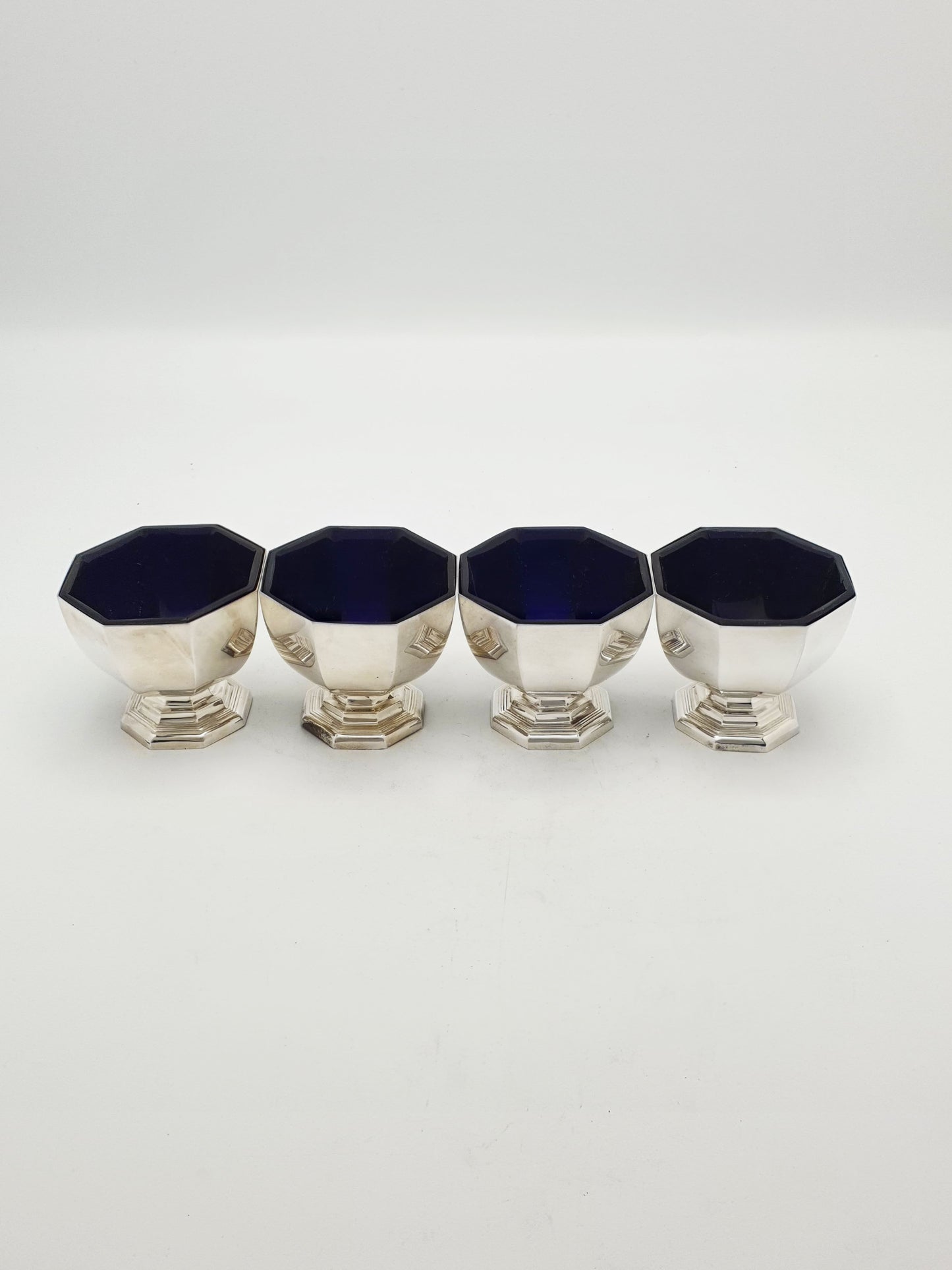 Set of 4 Art Deco Silver Plated Salt Cellars with Cobalt Glass Liners – circa 1930