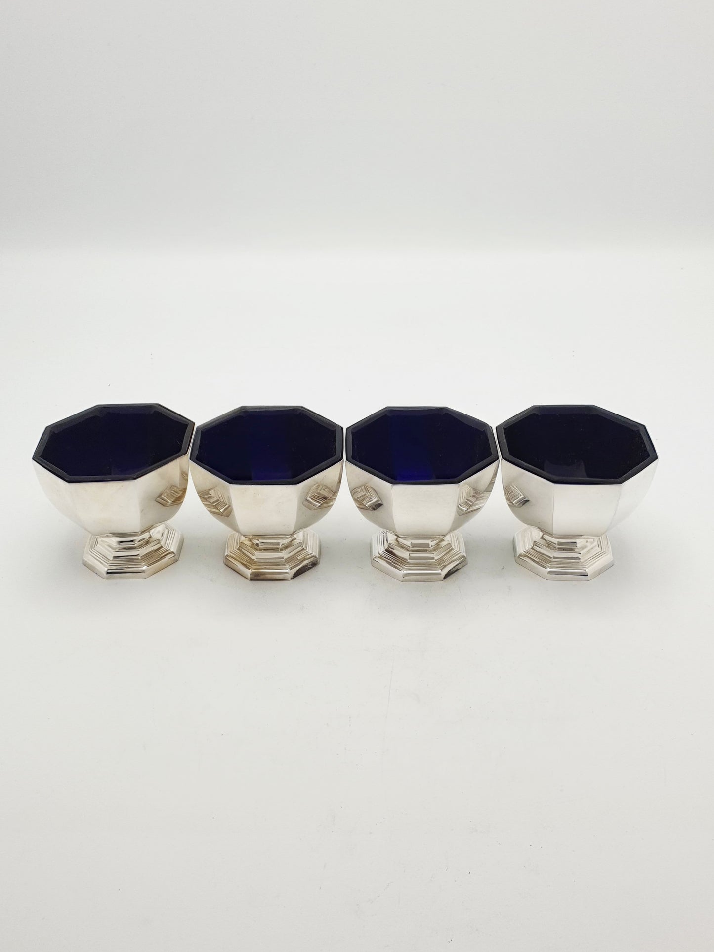 Set of 4 Art Deco Silver Plated Salt Cellars with Cobalt Glass Liners – circa 1930