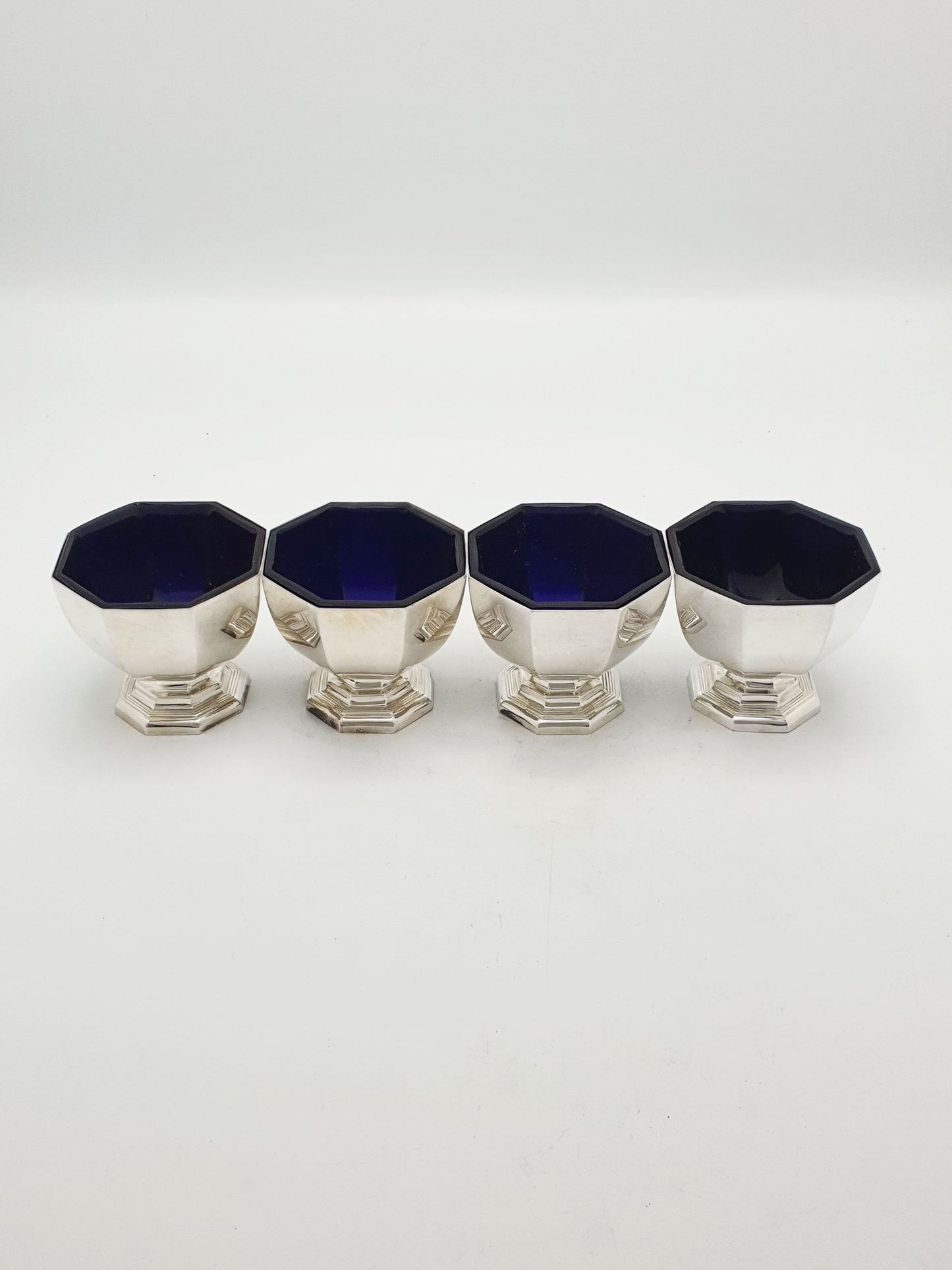 Set of 4 Art Deco Silver Plated Salt Cellars with Cobalt Glass Liners – circa 1930