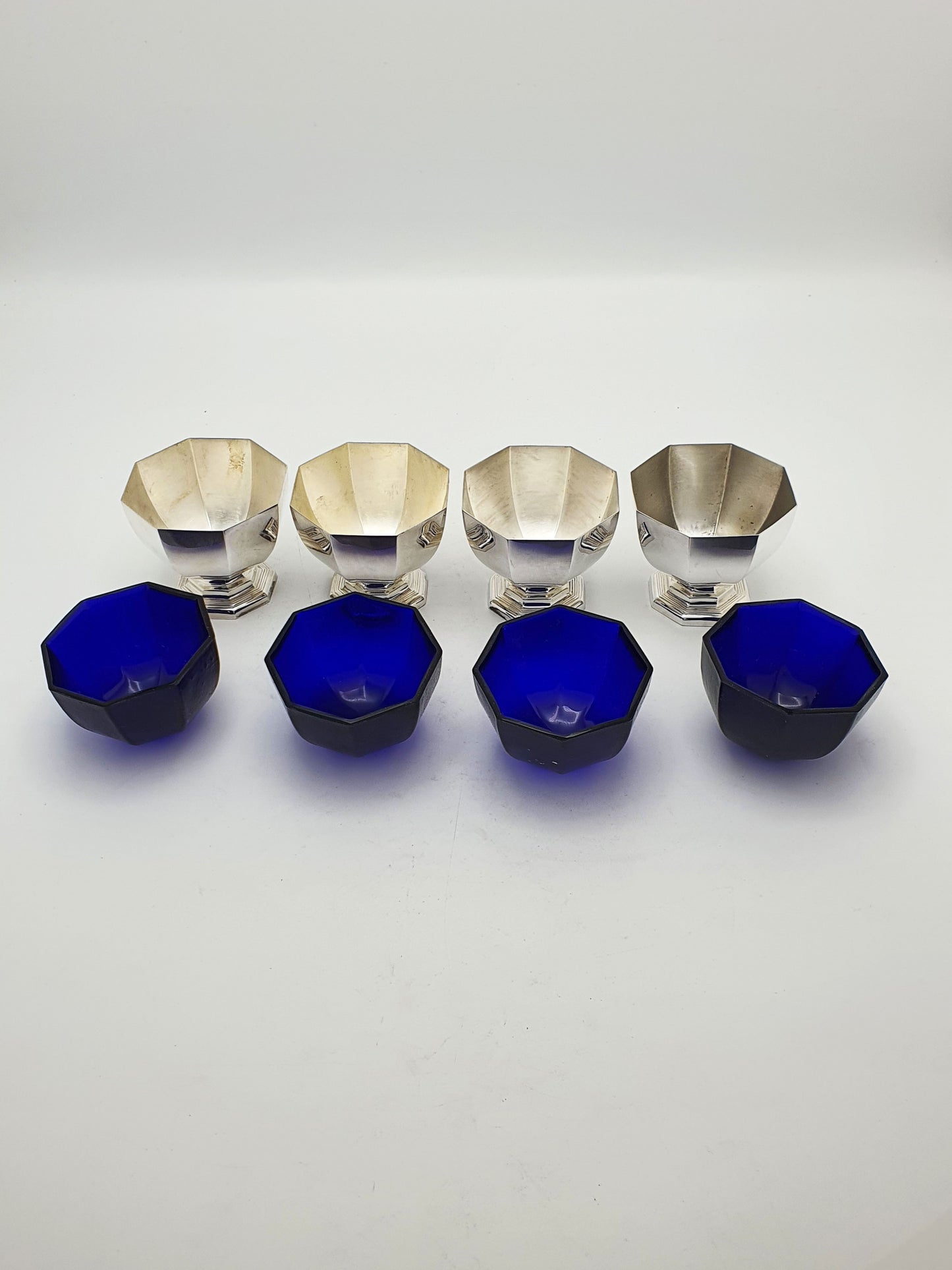 Set of 4 Art Deco Silver Plated Salt Cellars with Cobalt Glass Liners – circa 1930