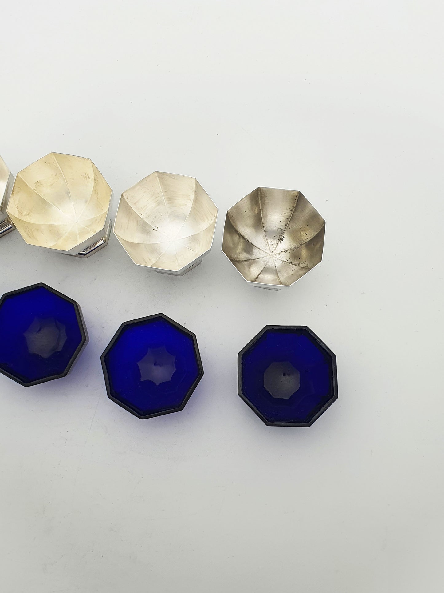 Set of 4 Art Deco Silver Plated Salt Cellars with Cobalt Glass Liners – circa 1930