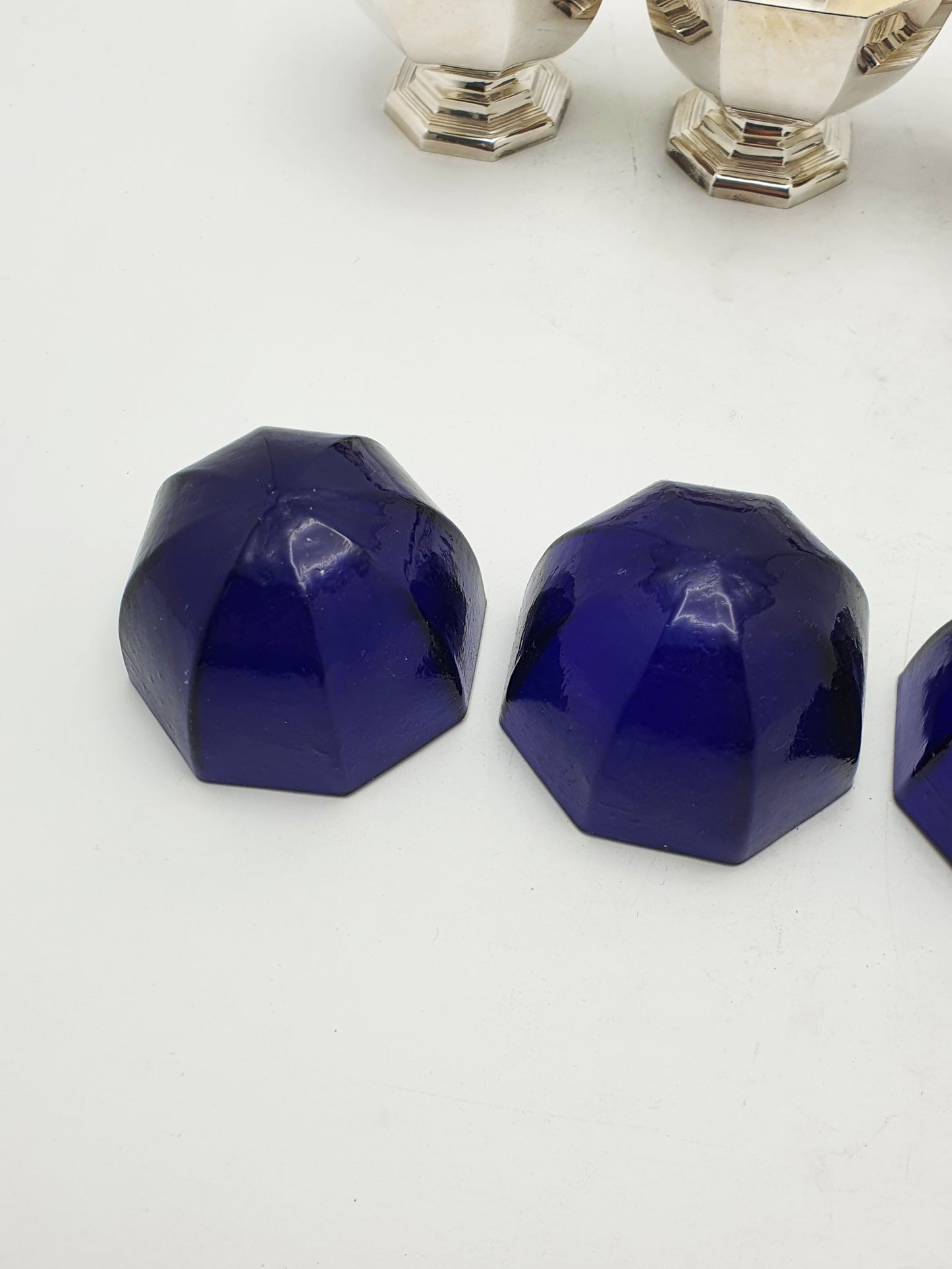 Set of 4 Art Deco Silver Plated Salt Cellars with Cobalt Glass Liners – circa 1930