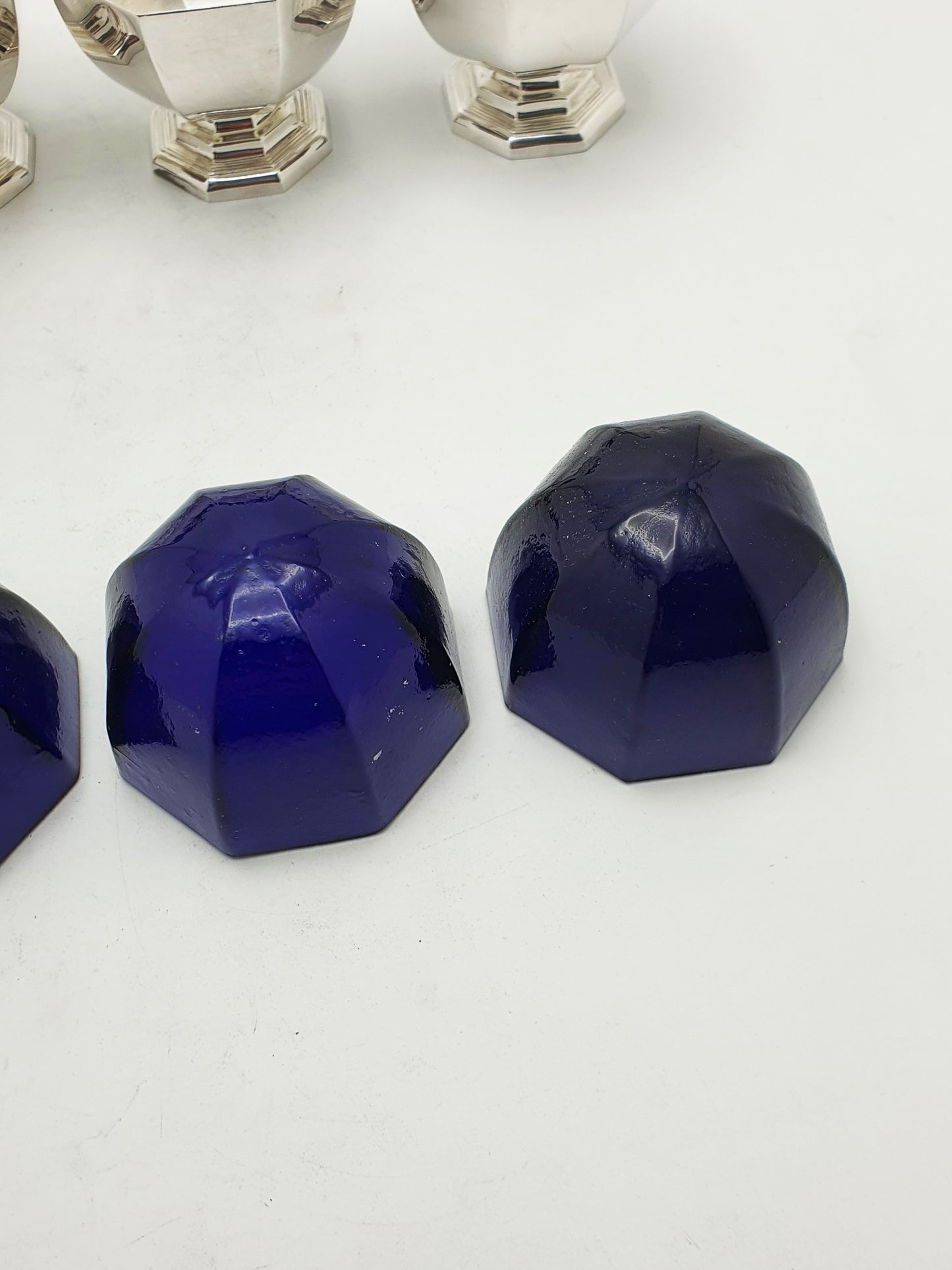 Set of 4 Art Deco Silver Plated Salt Cellars with Cobalt Glass Liners – circa 1930
