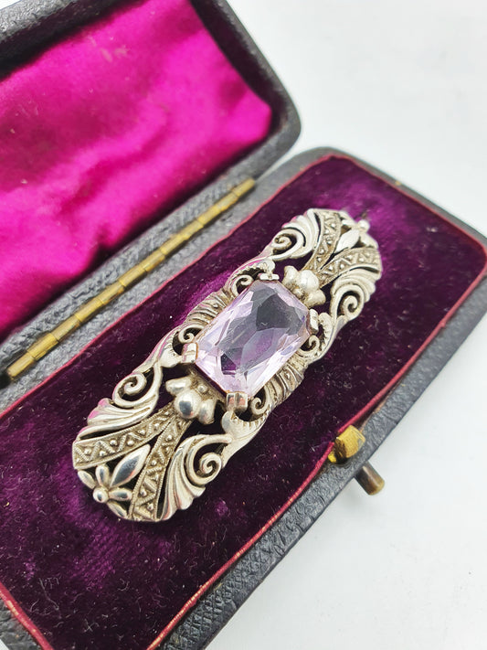Nice Art Nouveau Style Silver and Purple Amethyst Brooch - 1930