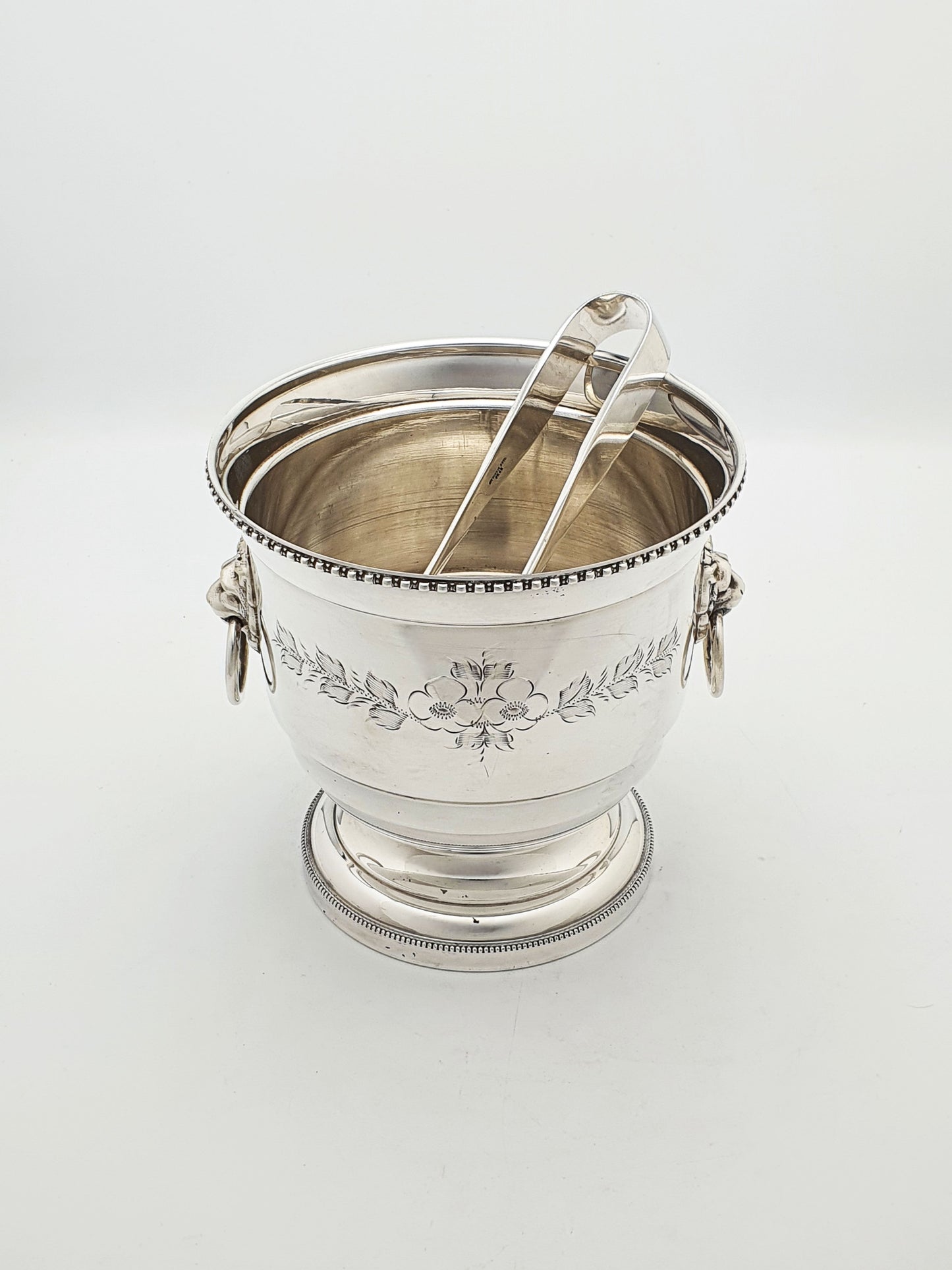Vintage Silver-Plated Ice Bucket with Lion Mask Handles & Tongs - 1960