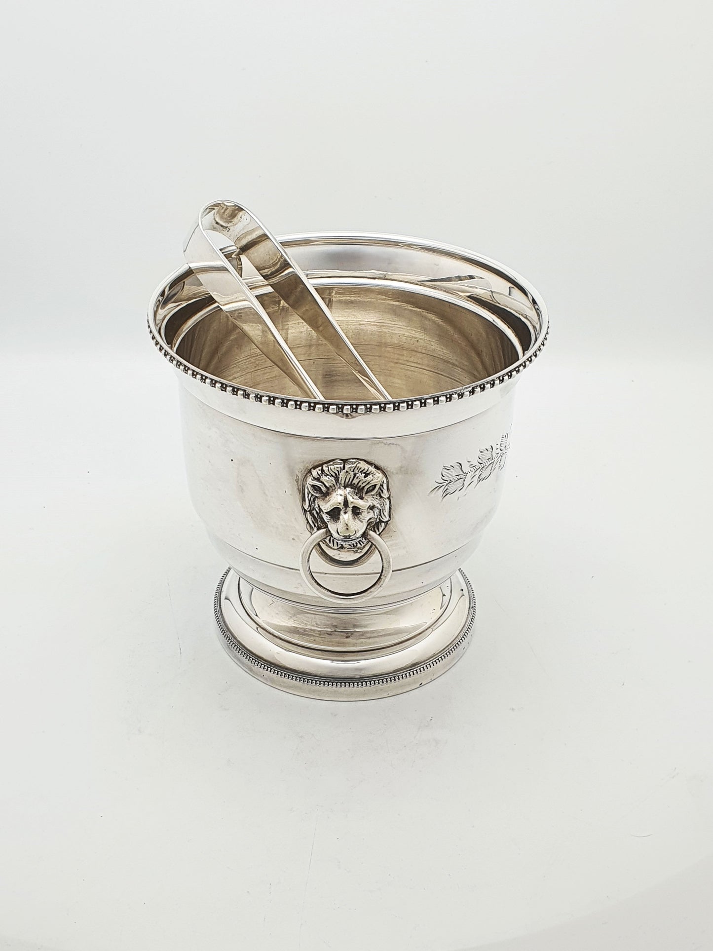 Vintage Silver-Plated Ice Bucket with Lion Mask Handles & Tongs - 1960