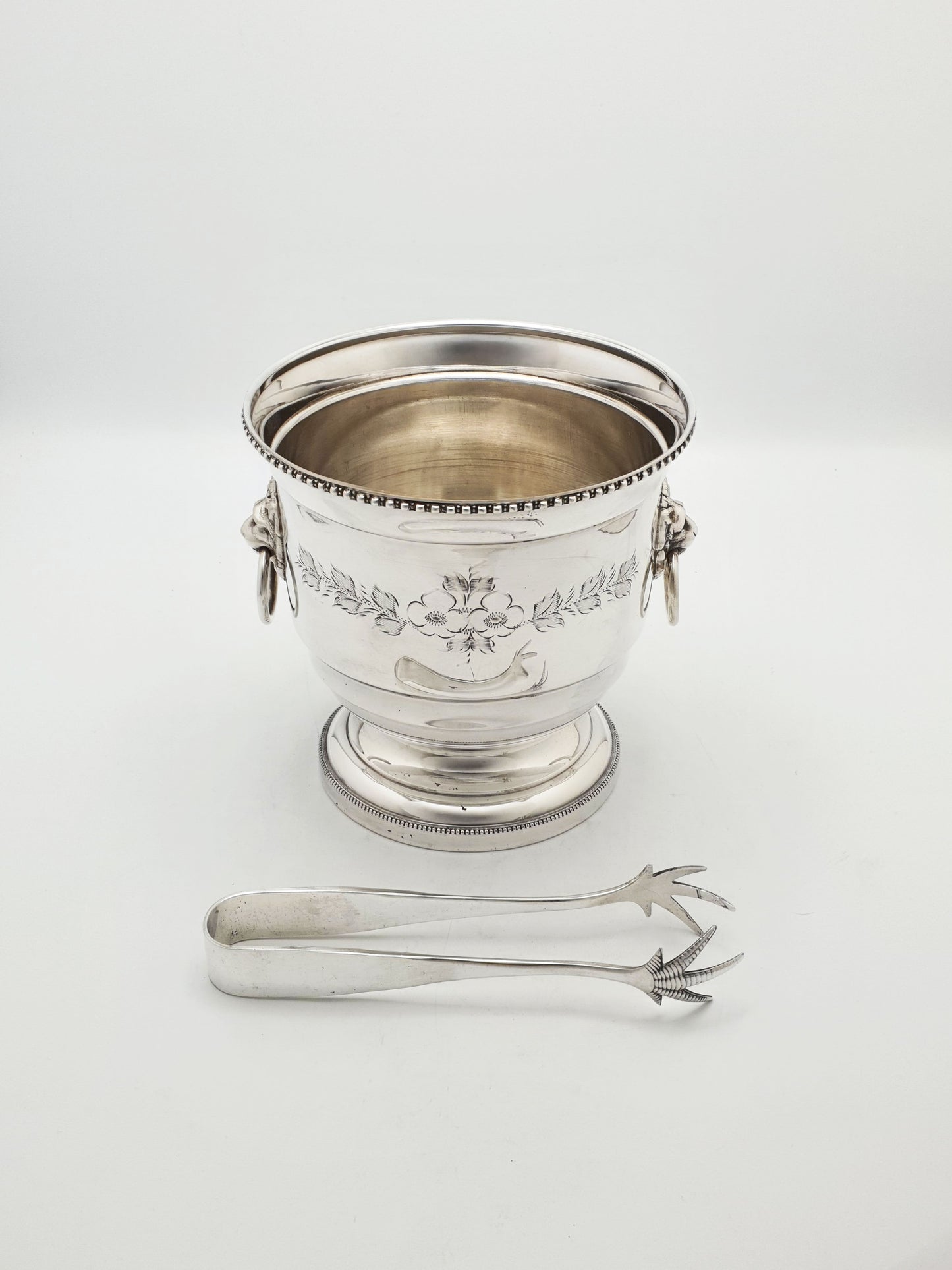 Vintage Silver-Plated Ice Bucket with Lion Mask Handles & Tongs - 1960