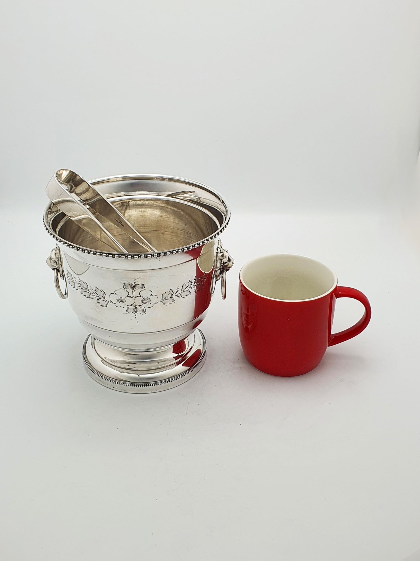 Vintage Silver-Plated Ice Bucket with Lion Mask Handles & Tongs - 1960