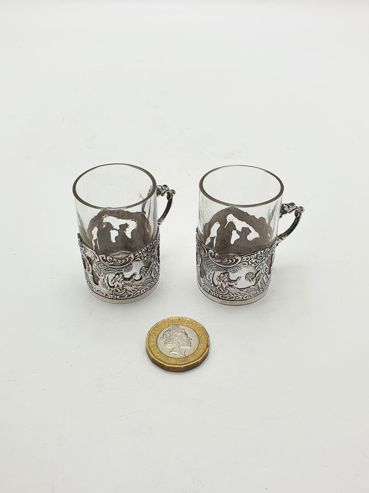 Nice Pair of Antique Victorian Sterling Silver Mounted Liquor Cups – London, 1889