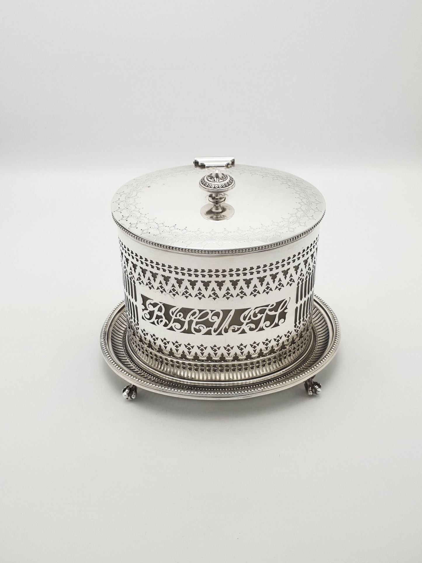 Antique Silver Plated Pierced Biscuit Barrel w Glass Liner – circa 1905