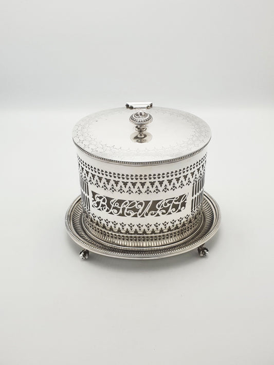 Antique Silver Plated Pierced Biscuit Barrel w Glass Liner – circa 1905