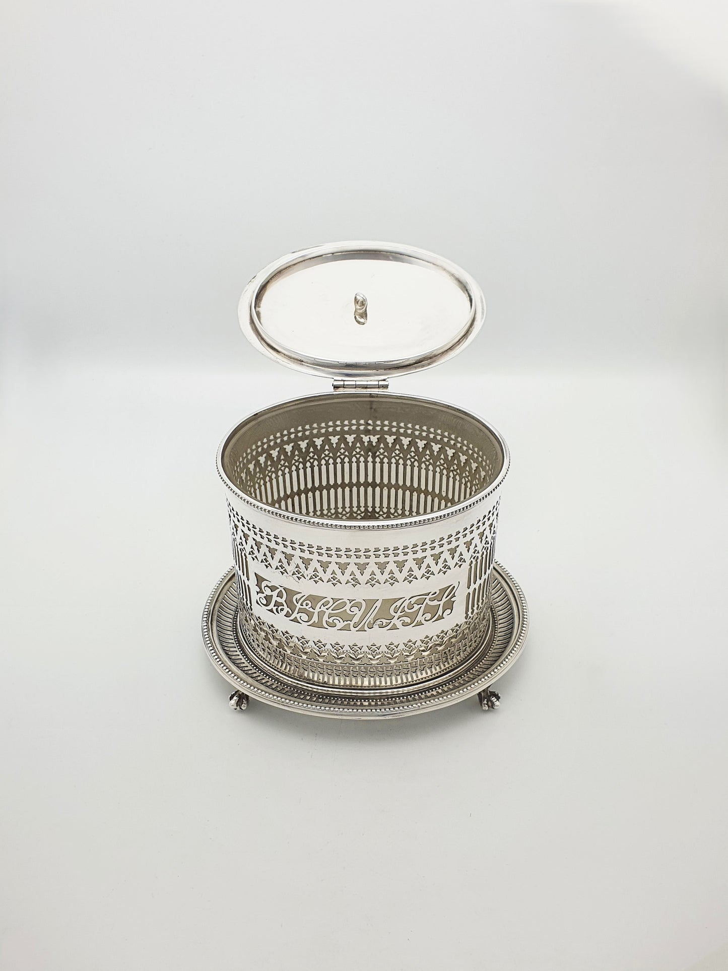 Antique Silver Plated Pierced Biscuit Barrel w Glass Liner – circa 1905